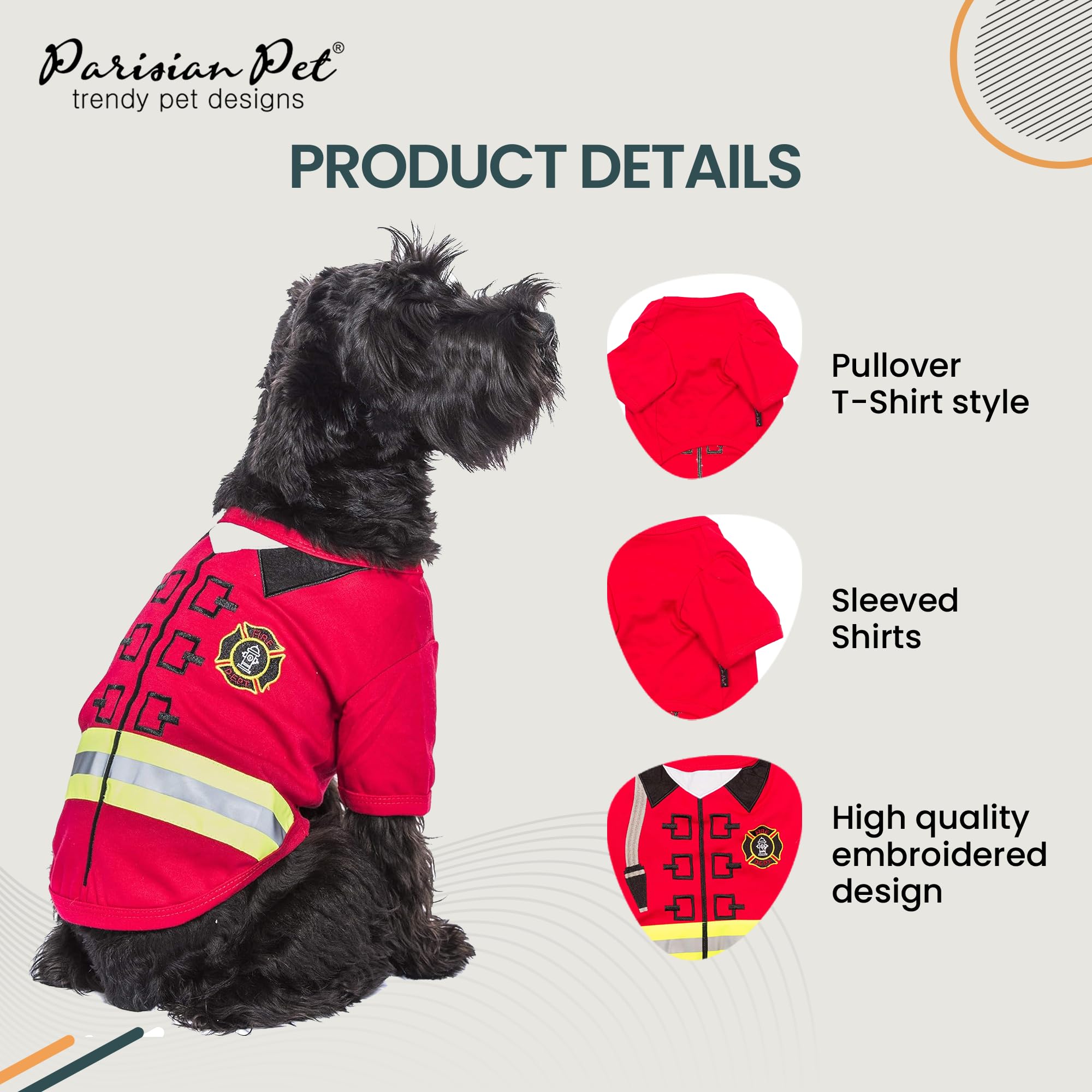 Parisian Pet Dog Shirt - Embroidered Dog Firefighter Costume - 100% Cotton And Polyester Dog Clothes - Sleeved Pet Costumes - Red Dog Costumes For Medium Dogs - Lightweight Pet Shirts - M