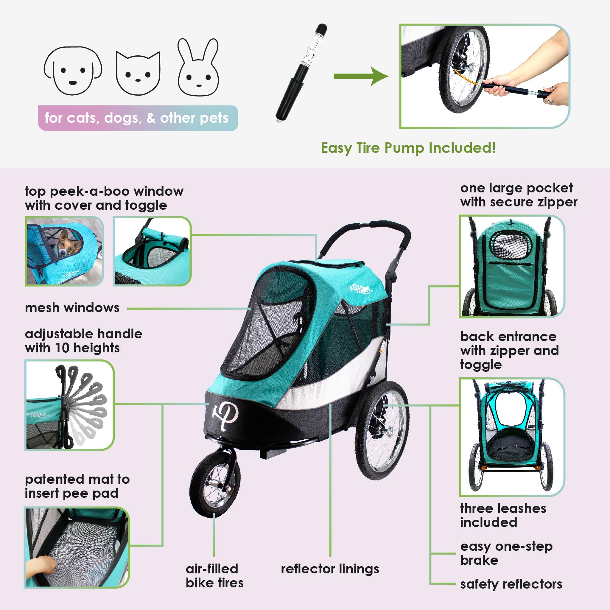 Petique Trailblazer Jogger, Dog Cart For Medium Size Pets, Ventilated Pet Stroller For Cats & Dogs, Turquoise