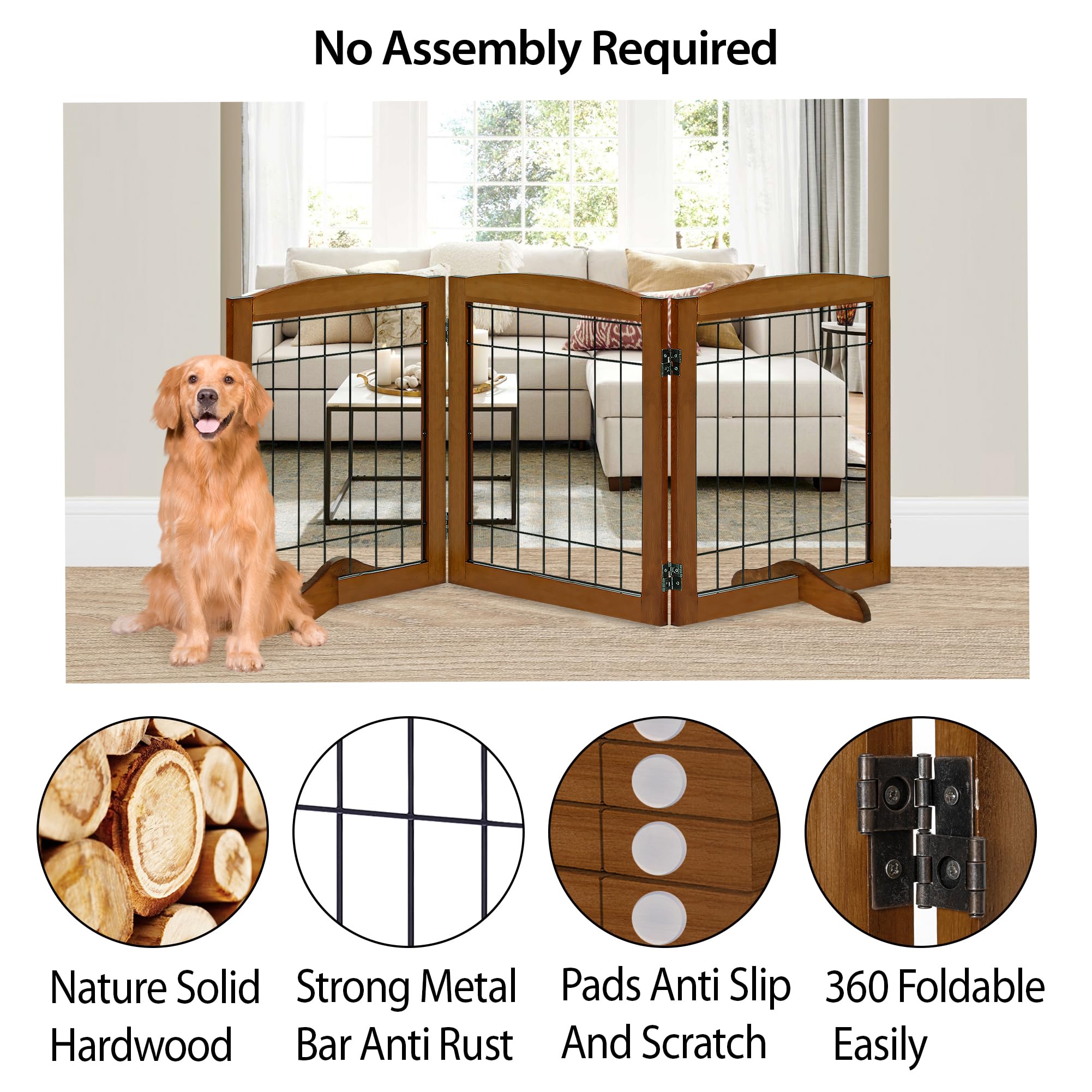 LZRS 3-Panel Freestanding Adjustable Wooden Dog Gate-30  Tall Foldable Pet Barrier with Support Feet, Chew-Resistant Solid Hardw