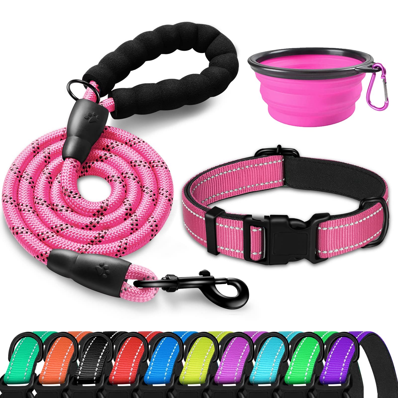 Doyoo Dog Collar And Dog Leash- Soft Neoprene Padded,Reflective And Adjustable - Nylon Dog Collars With Quick Release Buckle For