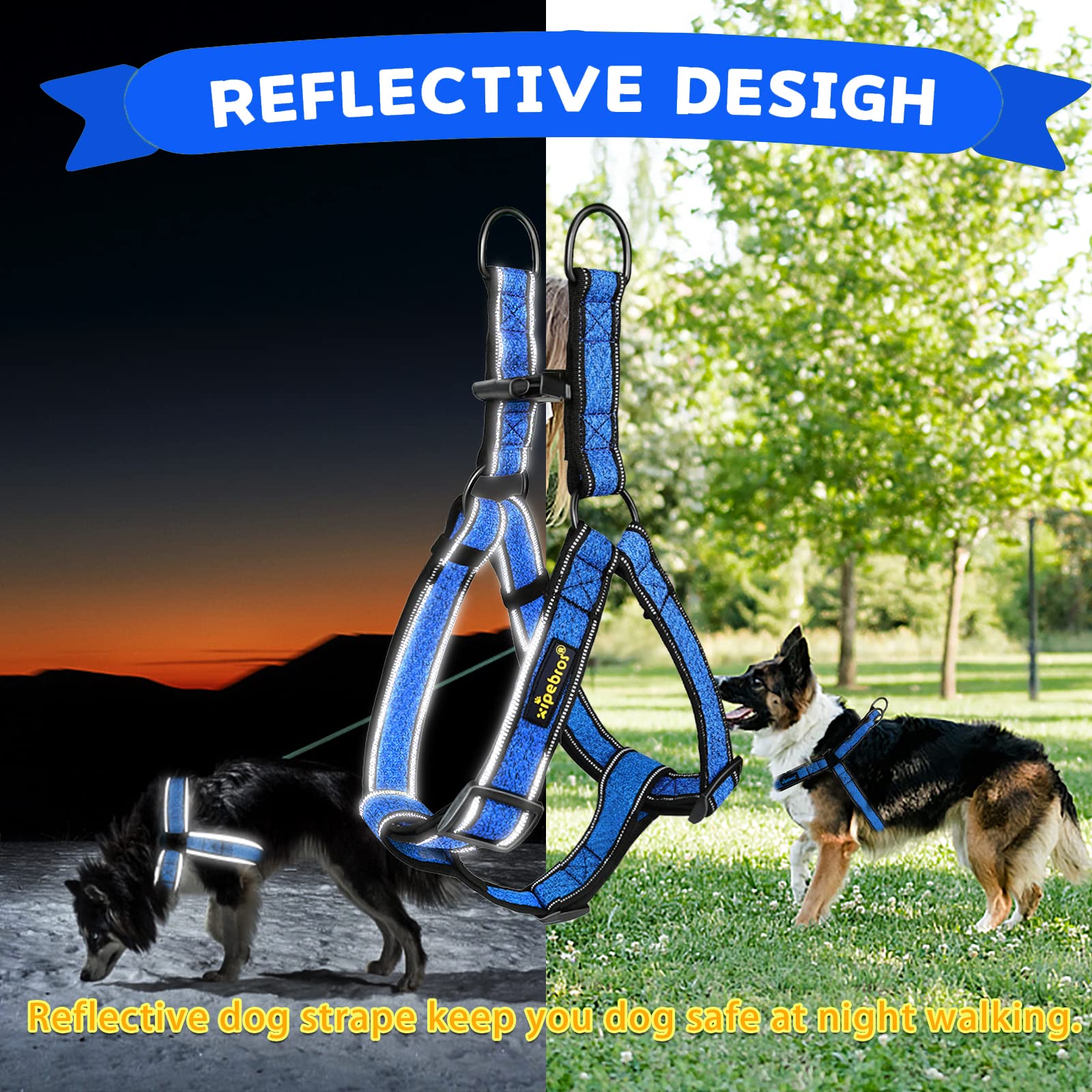 Xipebros Dog Harness,No Pull Dog Harness With Reflective Adjustable,Stops Pets From Pulling And Choking On Walks,Dog Harness For Large Dogs (Blue, Xxl)