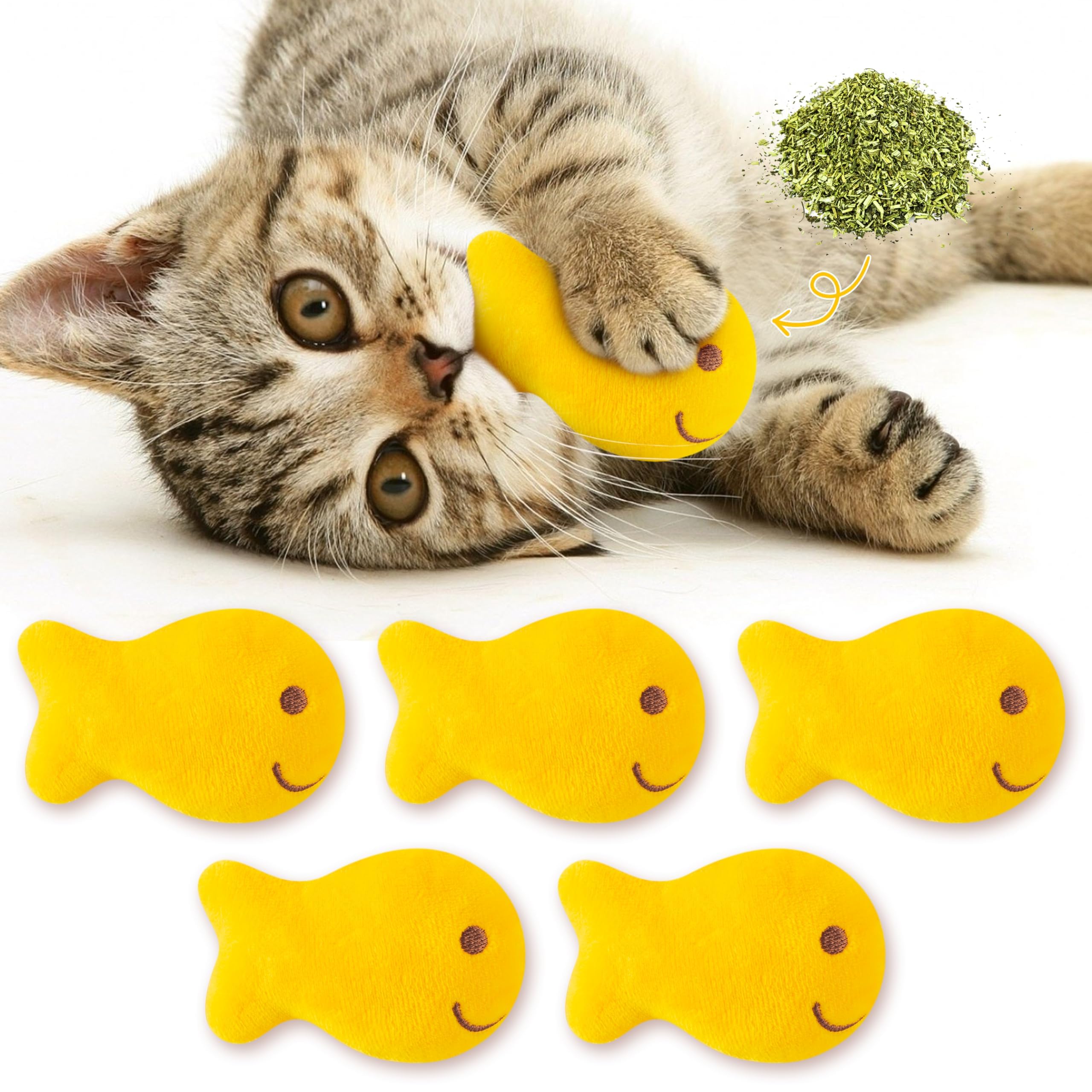L1Rabe Goldfish Cracker Catnip Stuffed Toys - Summer Black Cat Appreciation Day 5P Goldfish Cat Toys Funny Yellow Indoor Cats Ch