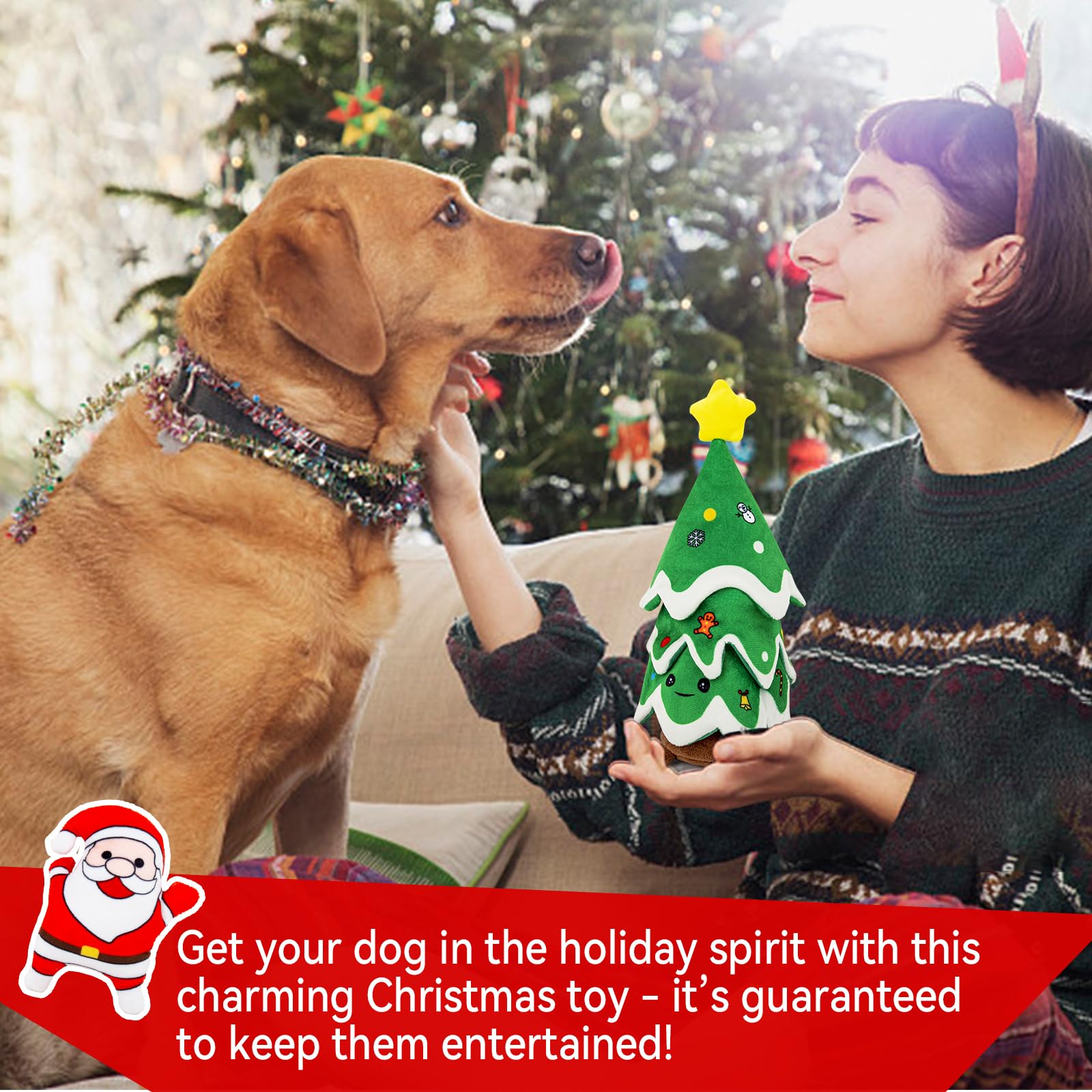 REQIHO Christmas Dog Toys, Crinkle Christmas Tree & Squeaky Santa Claus, Dog Christmas Toys, Hide and Seek Dog Toy, Plush Dog fo