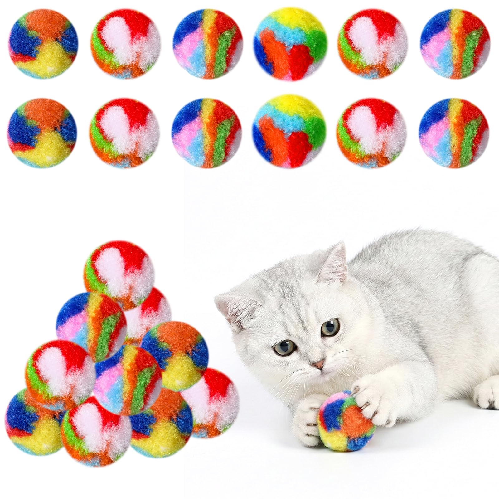 Aeaocvo 20 Pcs Cat Balls, 1.6 Inch Large Pom Pom Balls, Assorted Color Soft Plush Fuzzy Kitty Toy Ball Interactive Training Ball