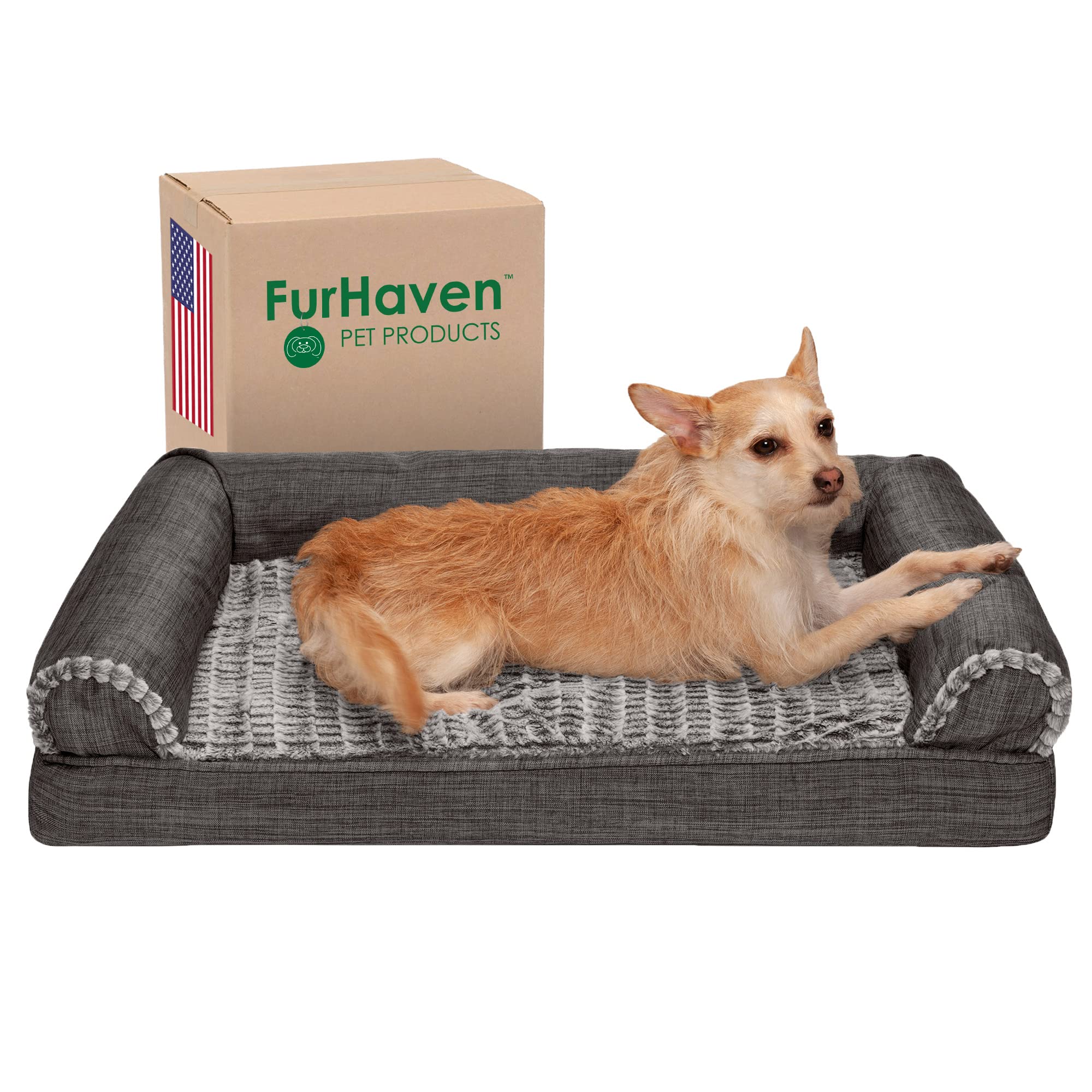 Furhaven Medium Orthopedic Dog Bed Luxe Faux Fur & Performance Linen Sofa-Style W/ Removable Washable Cover - Charcoal, Medium