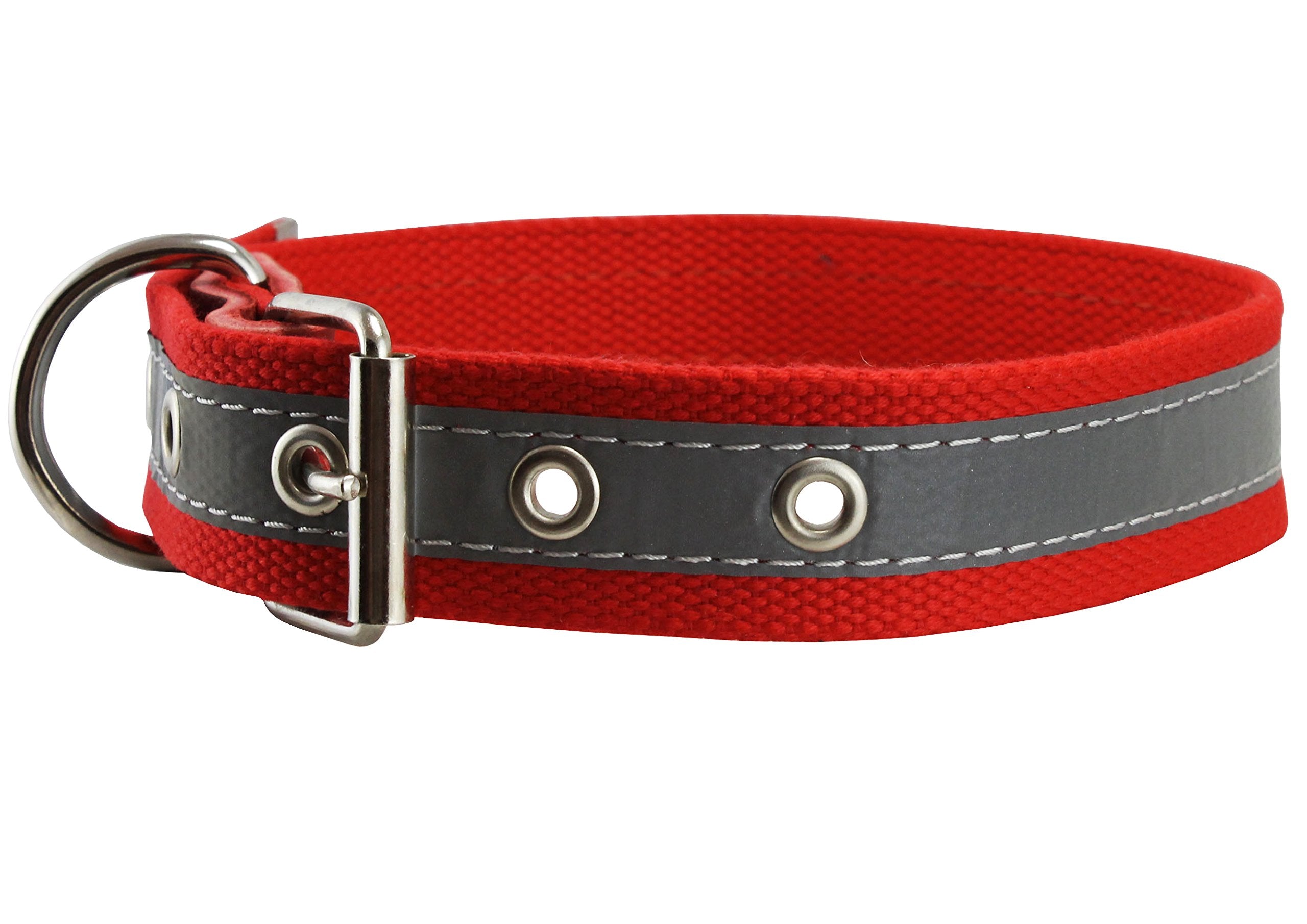 Cotton Web/Leather Reflective Dog Collar 24' Long 1.5' Wide Fits 16'-22' Neck, Pitbull, Cane Corso