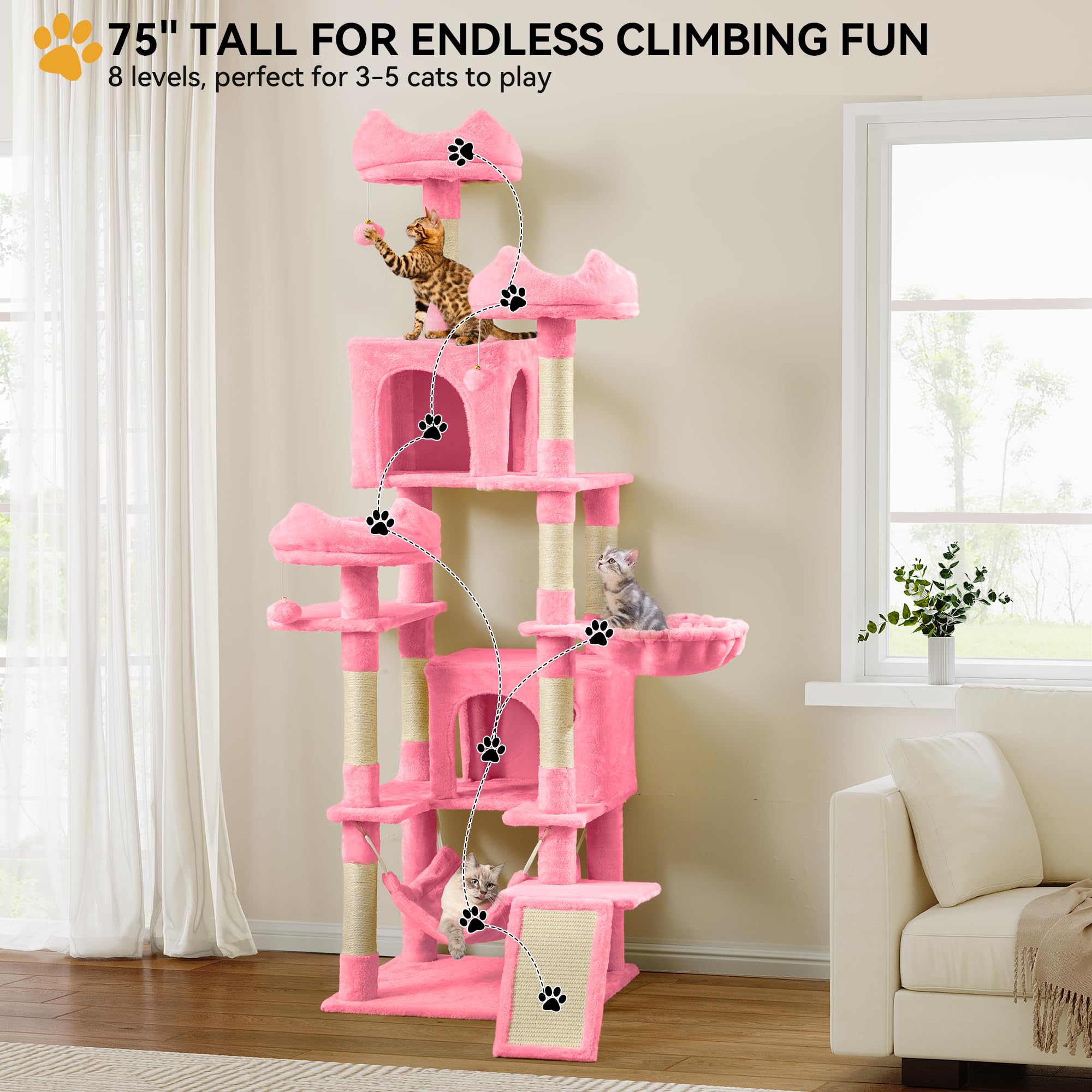 YITAHOME Tall Cat Tree for Indoor Cats, 75 inch Multi-Level Cat Tower with Cat Condos, Top Perches, Sisal Ramp Scratching Posts,