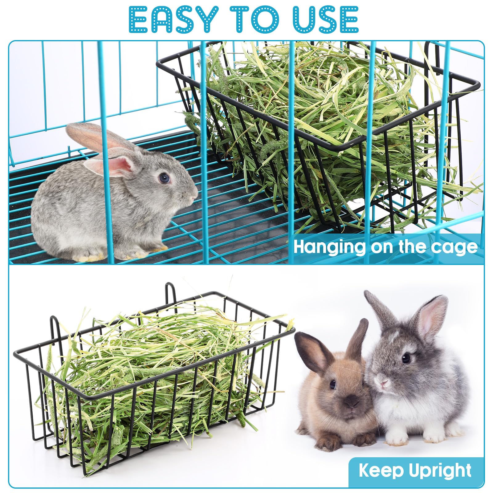 Therwen 4 Pcs Rabbit Hay Feeder Heavy Duty Metal Rabbit Hay Rack with Hooks Cage Hanging Hay Holder for Chinchilla Bunny Guinea