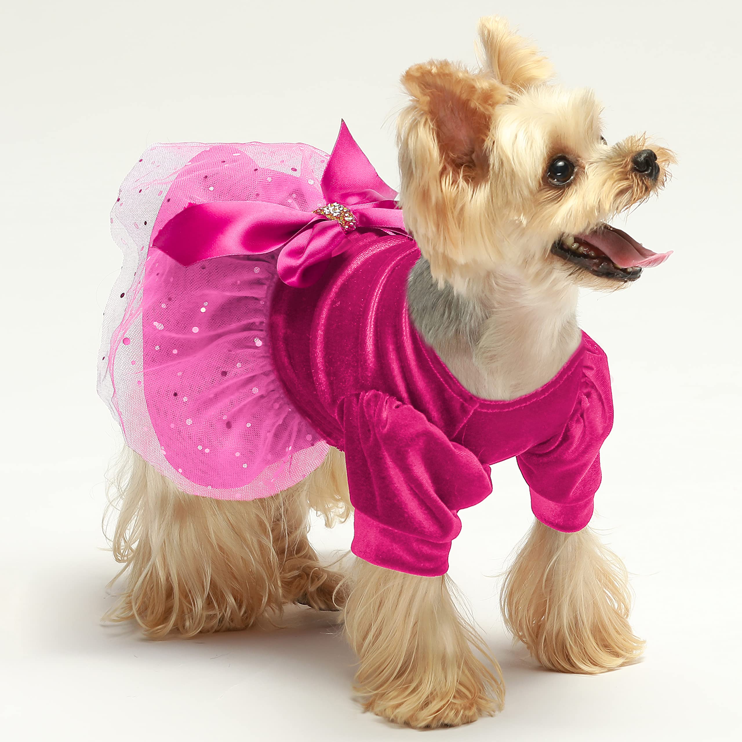 Fitwarm Fancy Dog Tulle Dress, Dog Winter Clothes For Small Dogs Girl, Female Pet Birthday Outfit, Lightweight Velvet, Pink, Med