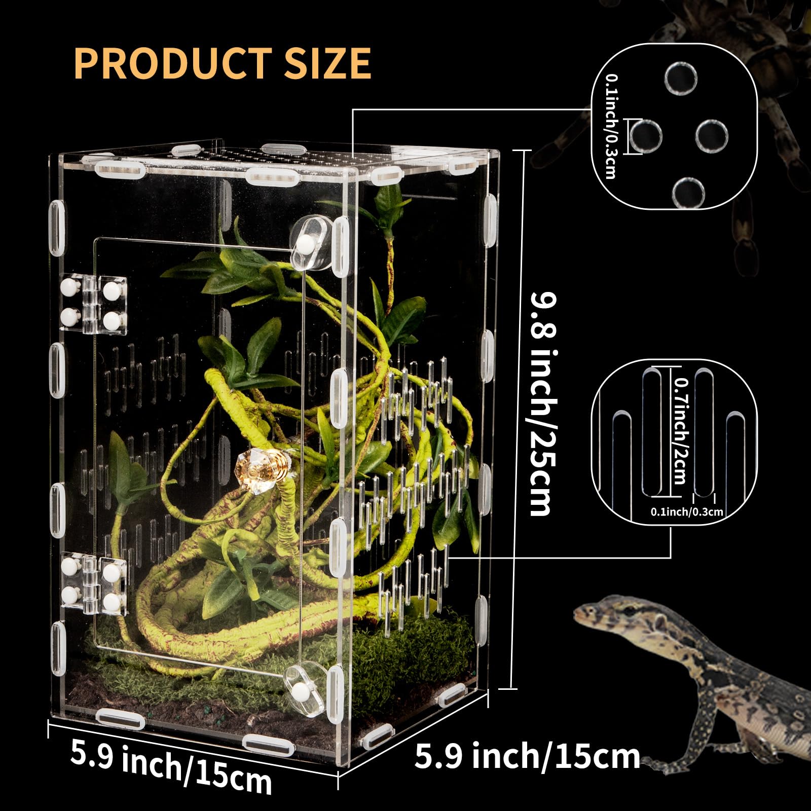 Acrylic Reptile Terrarium Easy Assembly, 360 Clear & Keep Pet Secure Design For Jumping Spiders, Tarantulas, Geckos Scratch-Resi