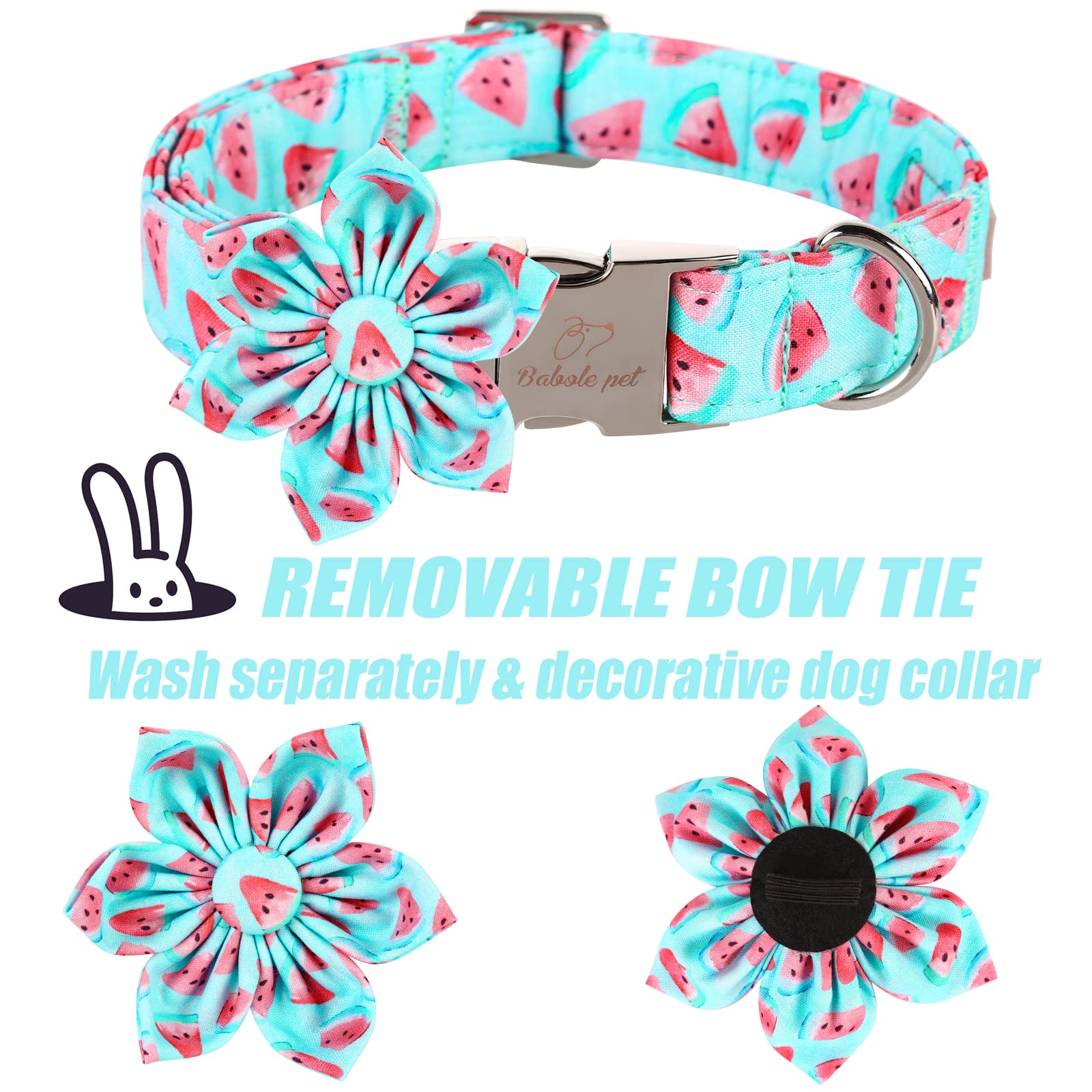 Babole Pet Dog Collar With Blue Watermelon Flower Tie,Cotton Dog Collar With Safety Metal Buckle Adjustable Puppy Collars For Small Medium Large Boy&Girl Dog,X-Small,Neck 8'-12'