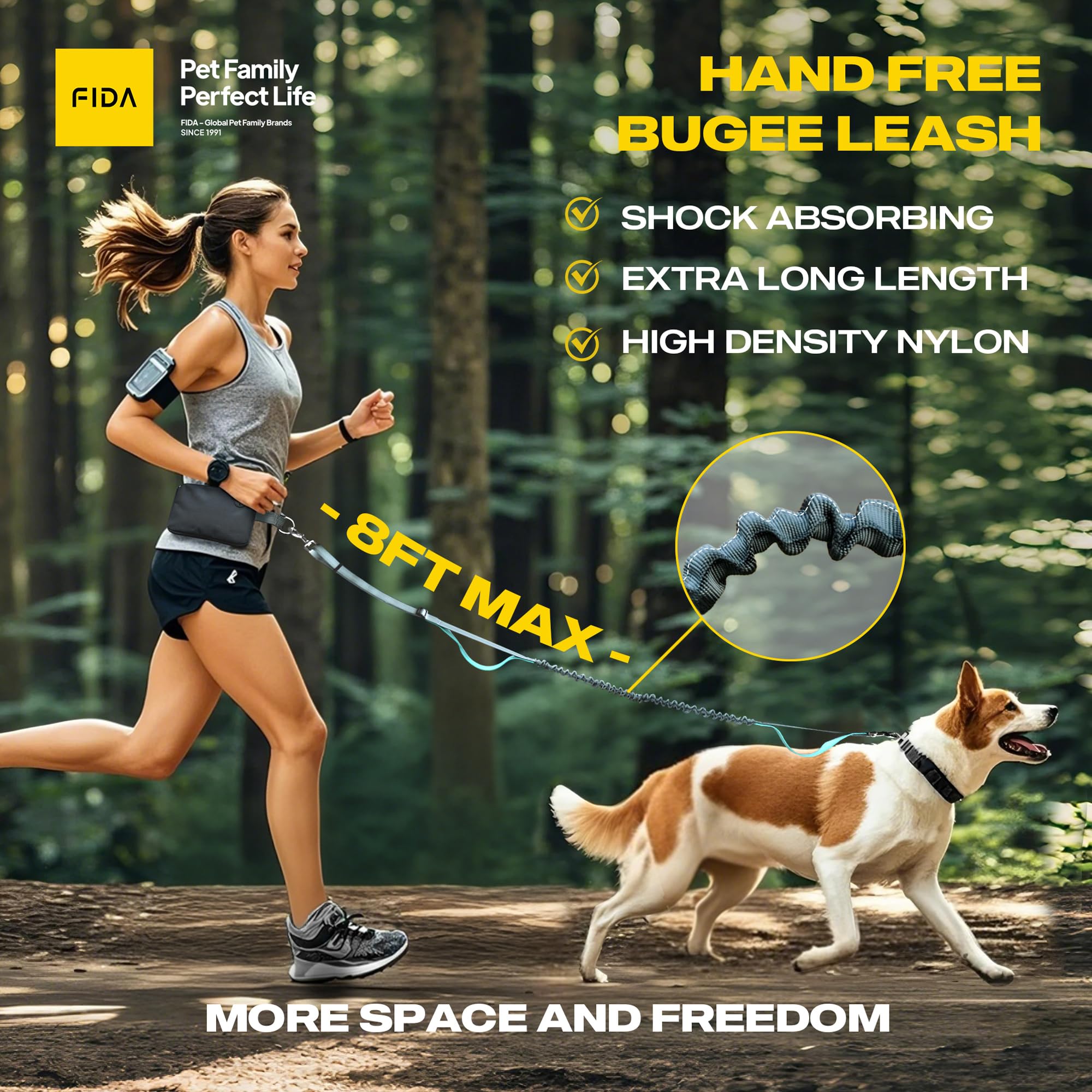 Fida 3-In-1 Hands Free Dog Leash With Zipper Pouch, Bungee & Reflective Straps - Adjustable 5-8Ft Crossbody/Waist Running Leash