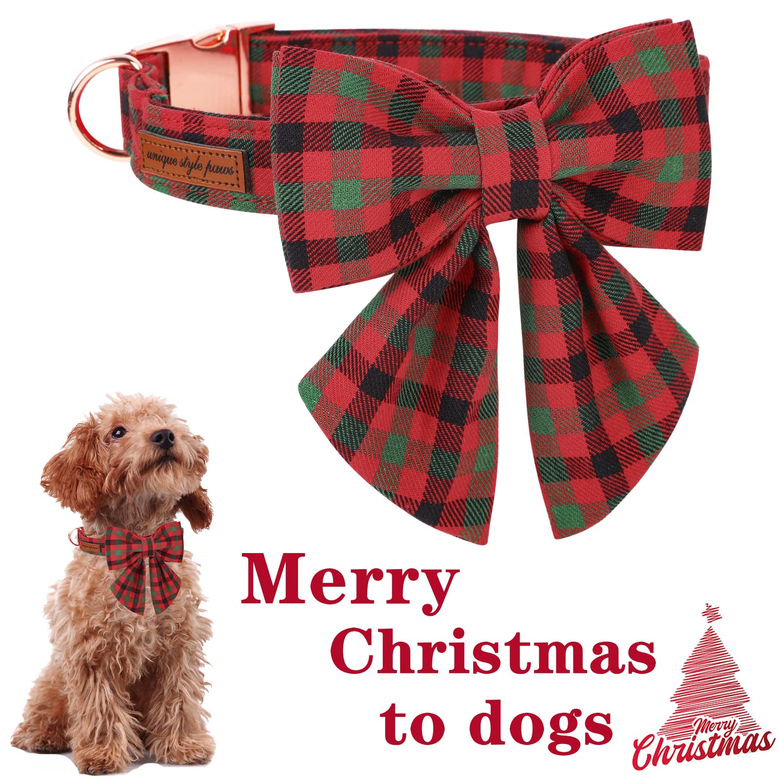 Unique Style Paws Christmas Dog Collar With Bow Tie Black Red Green Plaid Puppy Collar For Small Medium Large Dogs As Autumn Winter Pet Gifts-Xl