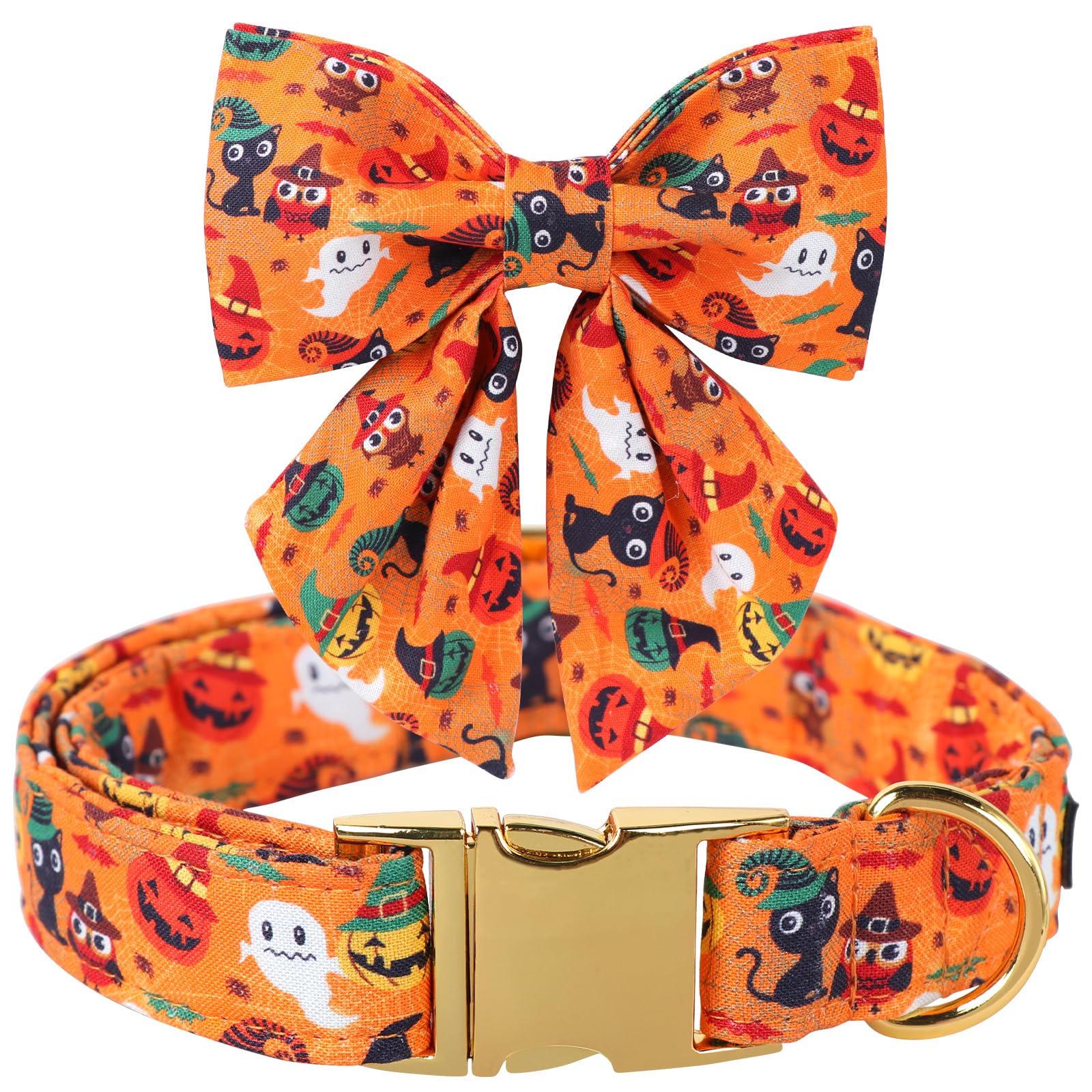 Maca Bates Halloween Dog Collar Spooky Ghost Dogs Collars With Bow Yellow Pumpkin Puppy Colar With Bowtie Adjustable Birthday Gift For Xs Small Medium Large Xl Girls Boys Male Female Dogs Pet