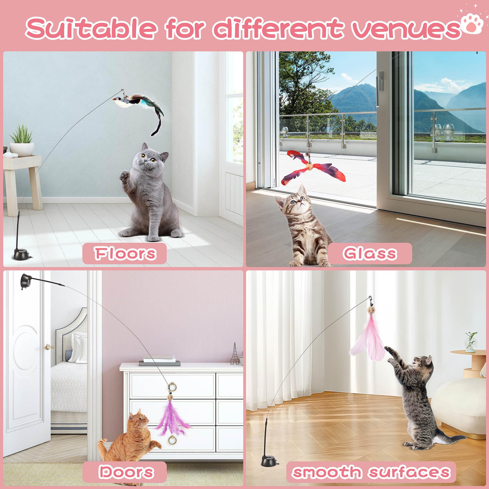 Kojude Cat Wand Toys With Suction Cup,Interactive Bird Simulation Cat Toy Set,Include 1 Replacement Birds And 5 Feather Toys Wit