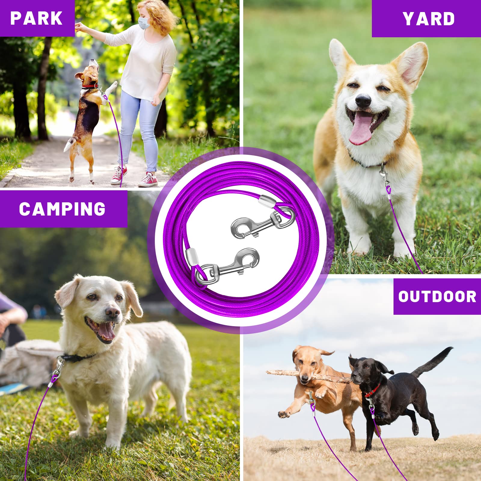 HaiYUAN Dog Tie Out Cable 10/15/20/25/30 FT Runner for Yard Steel Wire Cable with Durable Superior Clips Purple Chains for Outside Dog Lead for Large Up to 165 Lbs -Like New