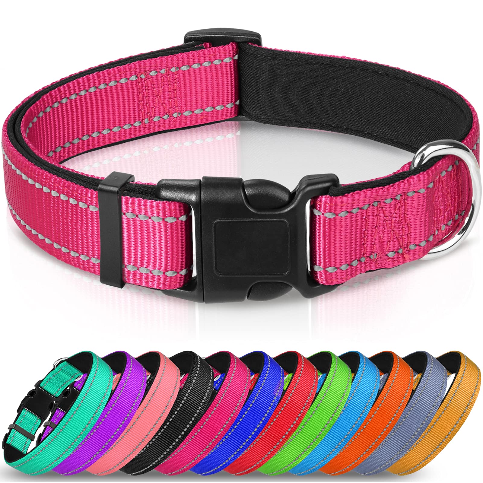Joytale Reflective Dog Collar,Soft Neoprene Padded Breathable Nylon Pet Collar Adjustable For Extra Large Dogs,Hotpink,Xl