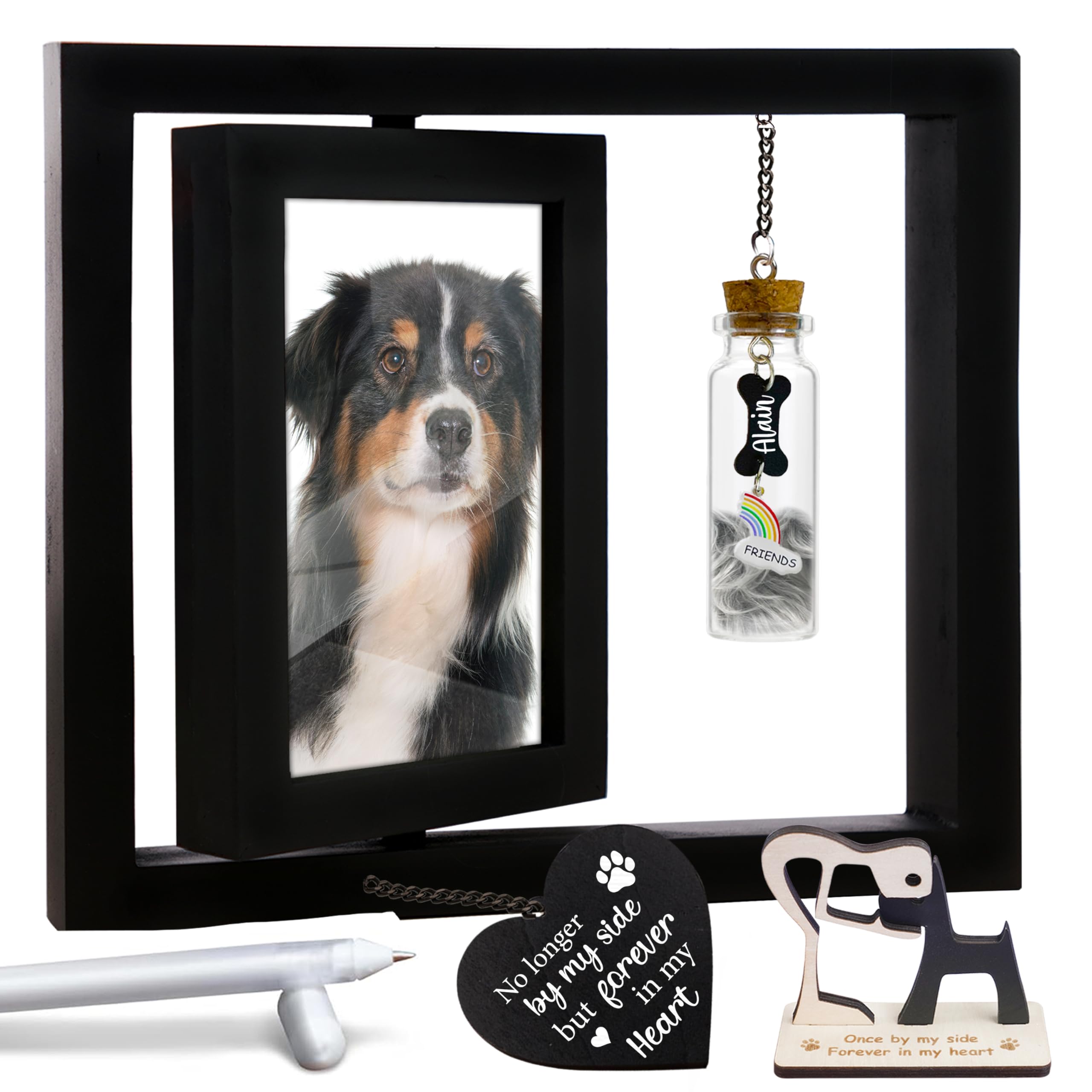 Dog Memorial Picture Frame 4X6 Photo Wooden Rotating, Pet Hair Keepsake Jar Rainbow Bridge, Dog Wooden Sculpture, Sympathy Gift 