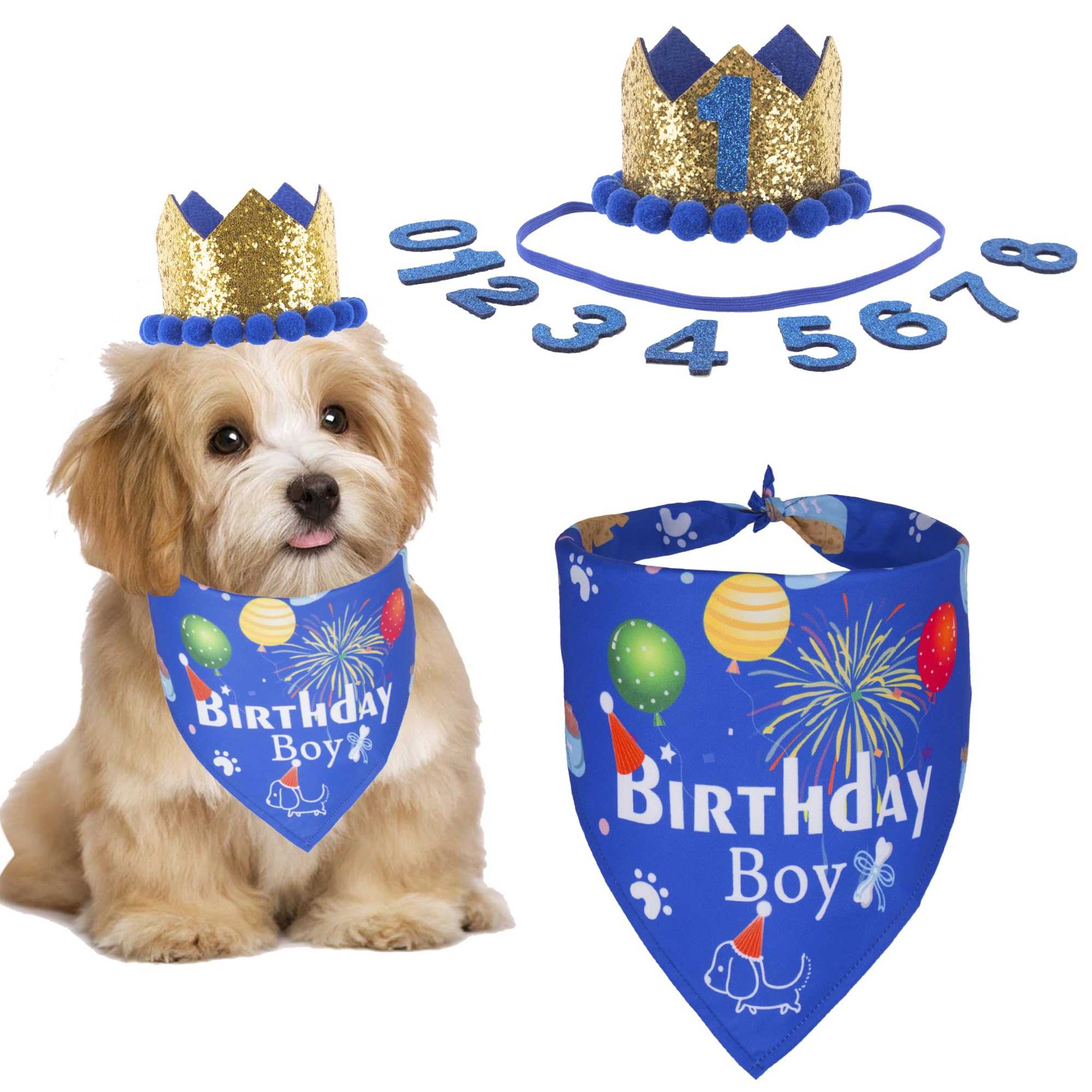 ADOGGYGO Dog Bandana Hat Set for Birthday Party Supply, Boy Girl Puppy Birthday Scarf for Small Dog (Small, Blue)
