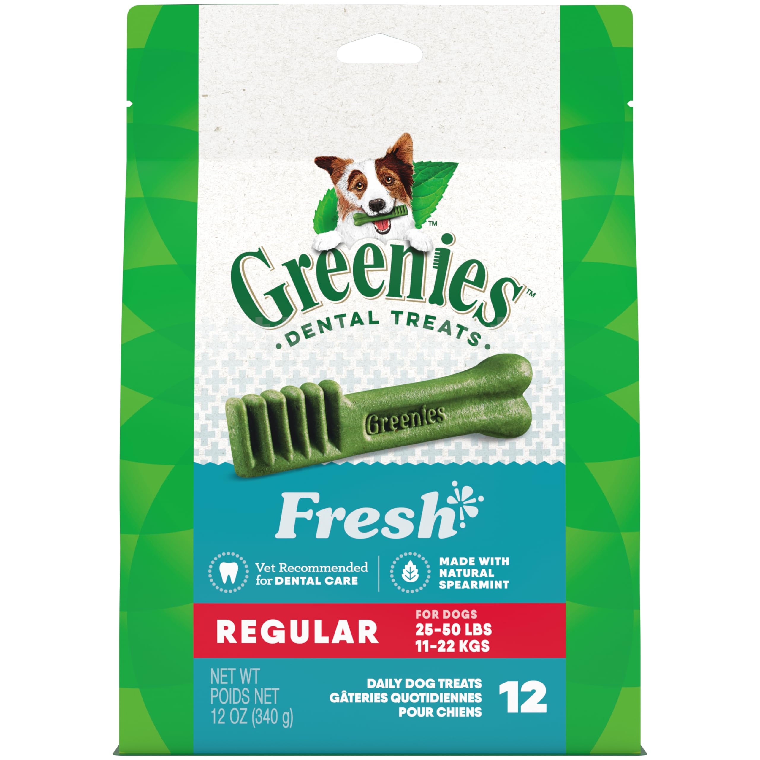 Greenies Regular Natural Dental Care Dog Treats Fresh Flavor, 12 oz. Pack (12 Treats)