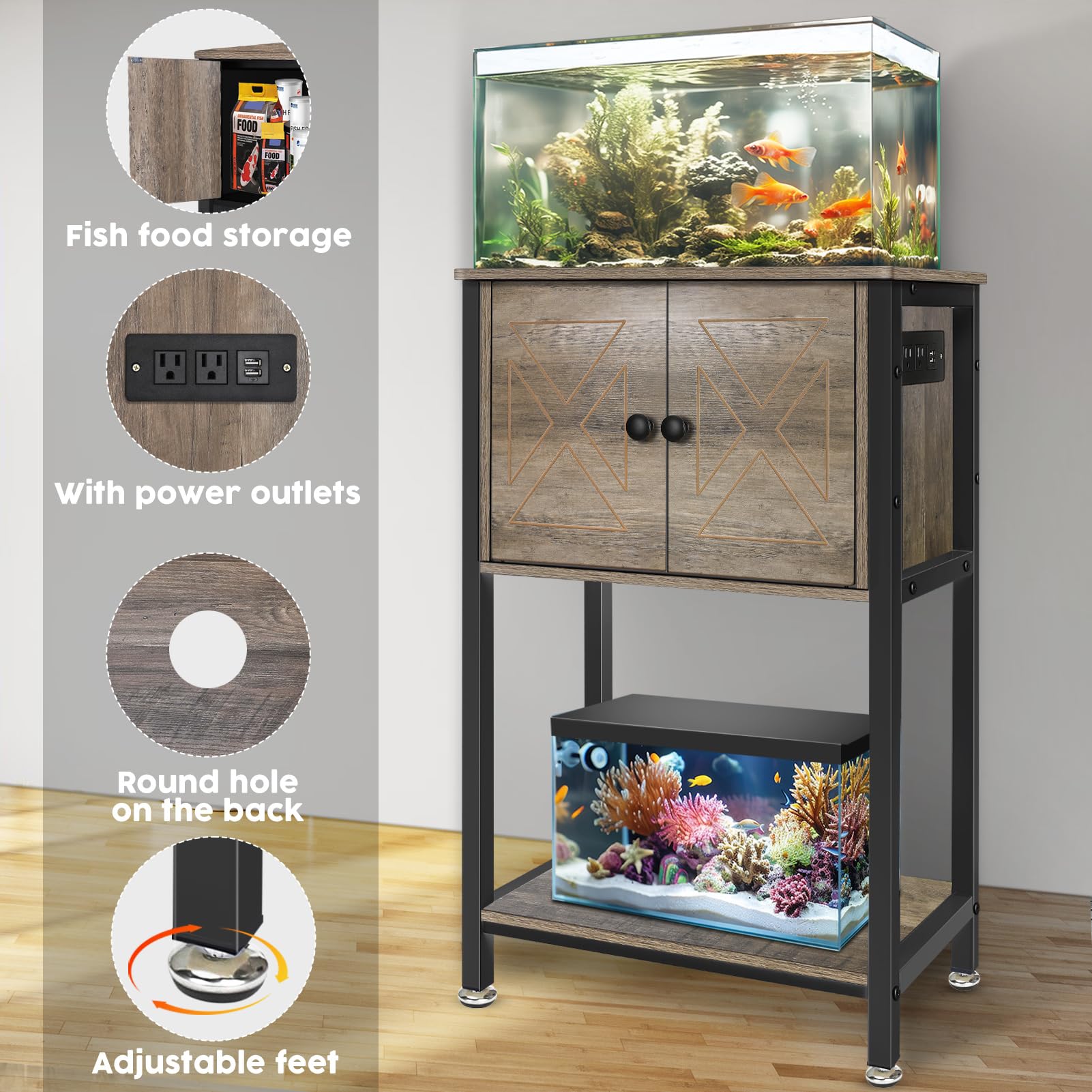 5-10 Gallon Fish Tank Stand, Heavy Duty Aquarium Stand with Cabinet & Power Outlets for Fish Tank Accessories Storage, Double Ta