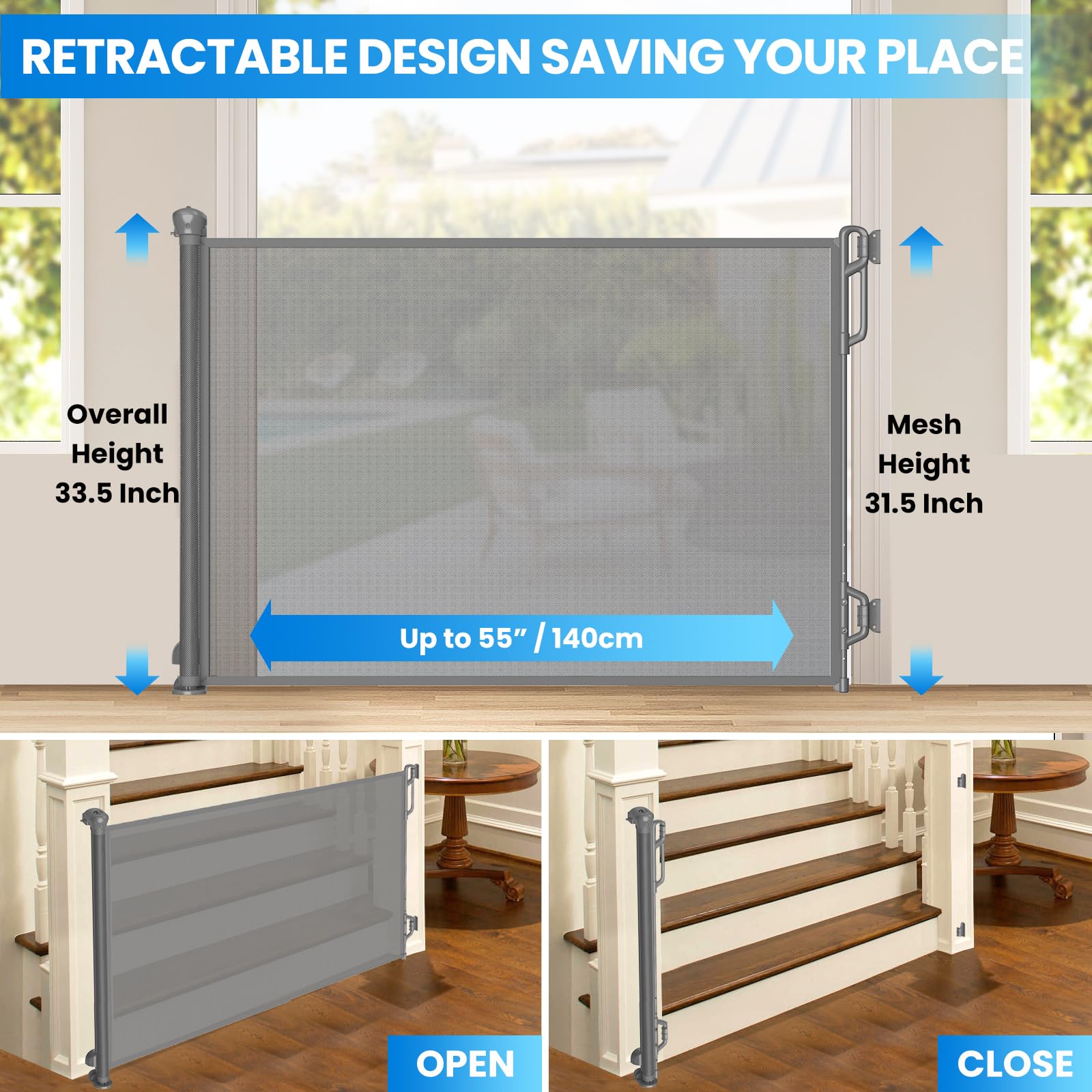 SPACEANY Retractable Baby Gate for Stairs & Doorways - 55 Wide Portable Safety Gate | Fits Baseboards, Easy to Use Indoor/Outdoo