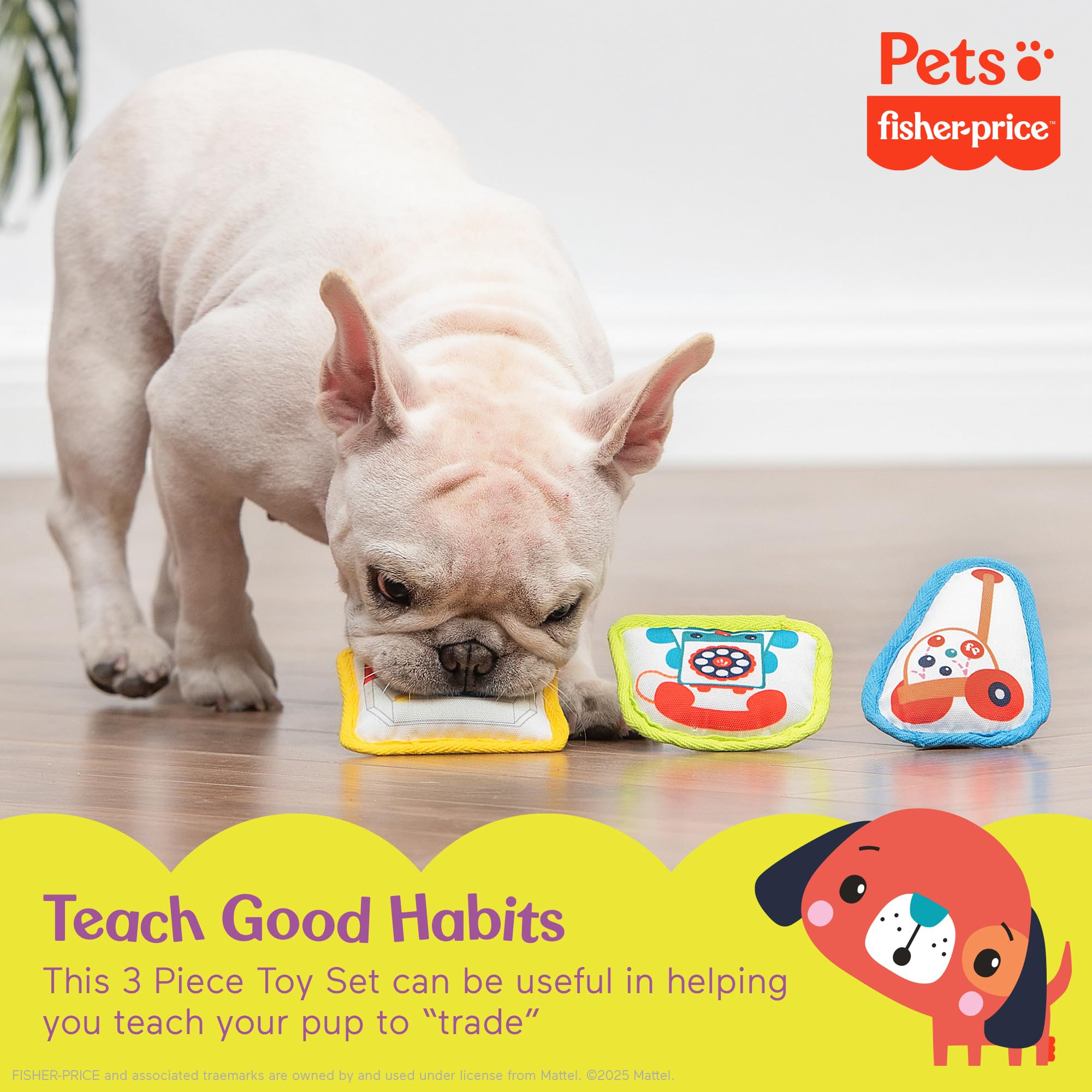 Fisher-Price for Pets 3 Piece Fun Flatties Toys for Dogs, Featuring Classic Toy Designs, with Squeaker and Crinkle Sounds, Devel