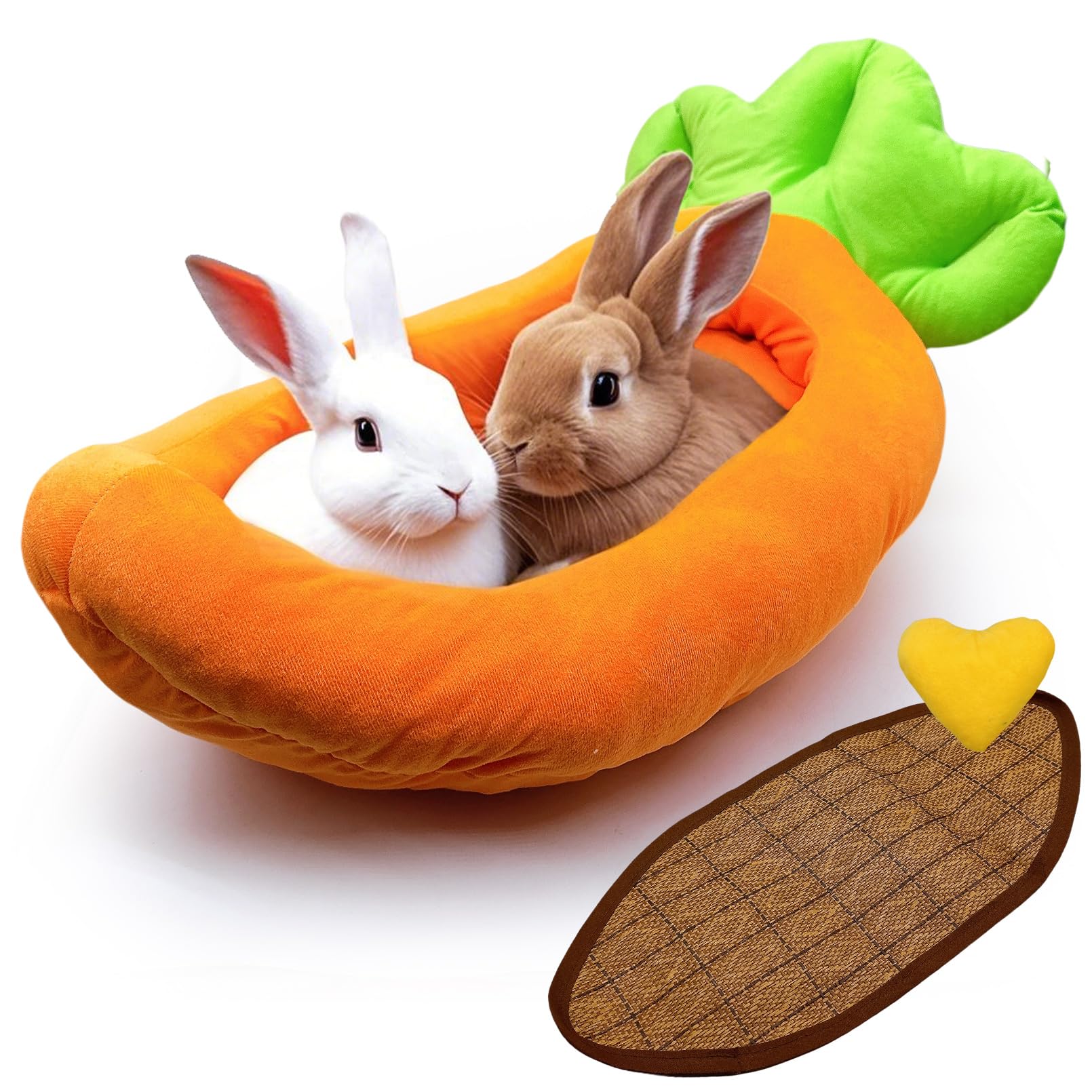 Acsist Rabbit Bed,Thick&Soft Bunny Bed With Removable Cushion,Machine Washable With Rattan Mat & Heart Decor,Cozy Warm Small Ani