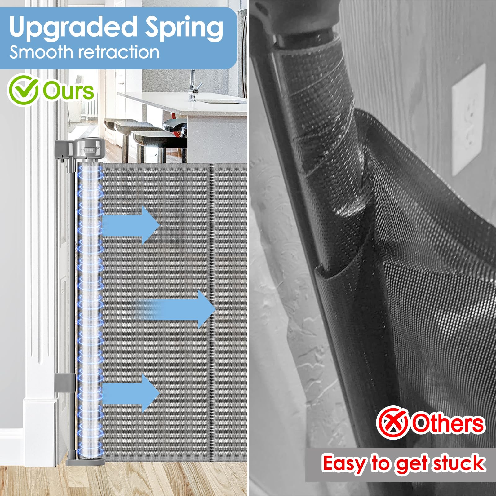 Reinforced Retractable Baby Gates with Support Rods, Retractable Gate for Babies and Pets Prevent Bottom Crawling Through, Exten