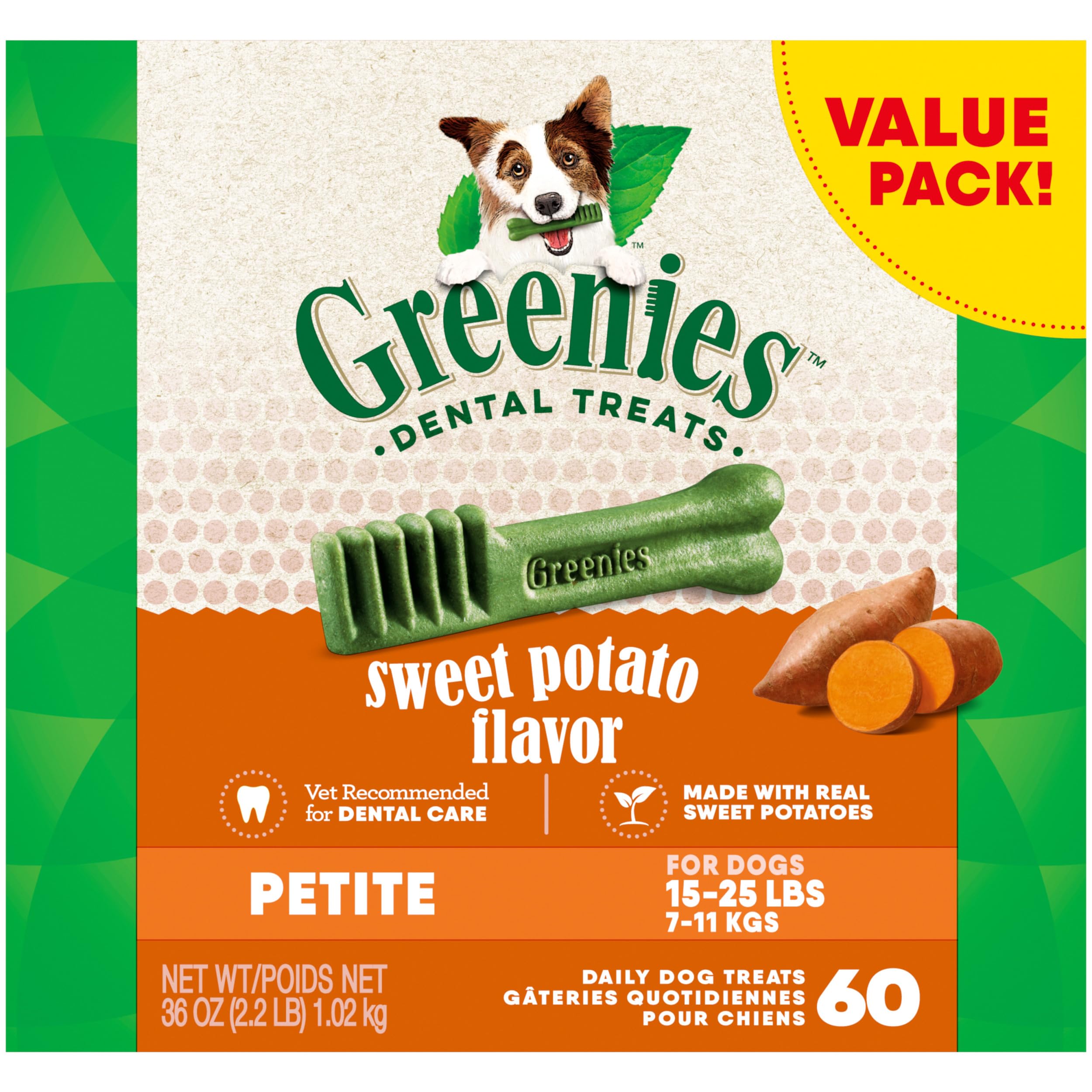 Greenies Petite Dental Dog Treats, Sweet Potato Flavor, 36 oz. Pouch (60 Treats)