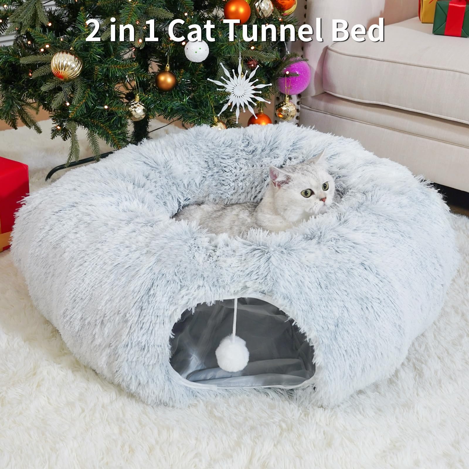 Oozazemm Cat Tunnel Bed With Washable Cushion, Cat Tunnels For Indoor Cats, Collapsible Cat Donut Tunnel For Medium & Large Cat,