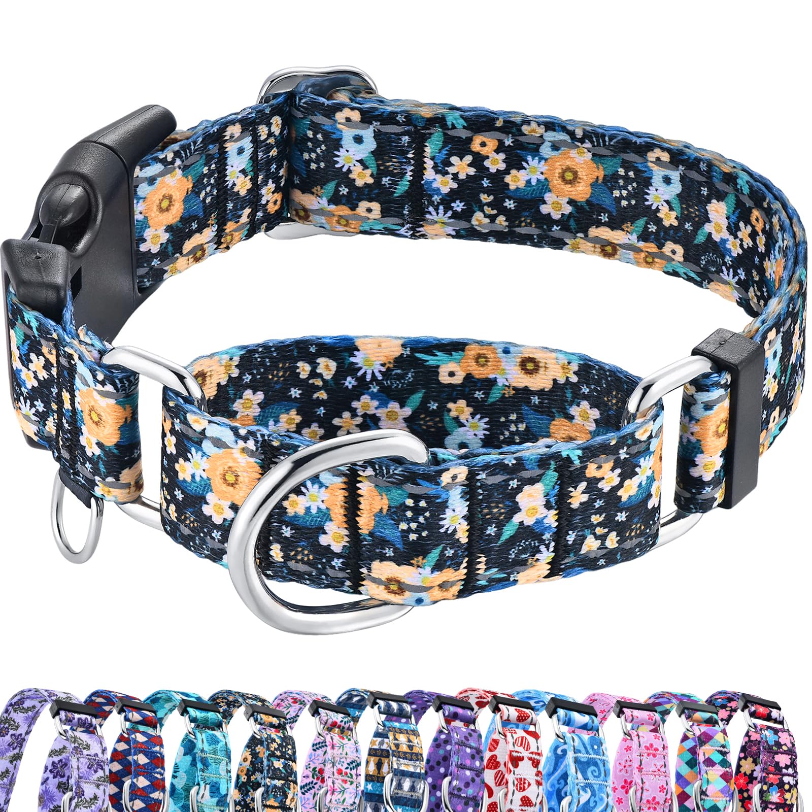 Fidohug Reflective Martingale Dog Collar With Buckle Soft Nylon Floral No Slip Dog Collars For Medium Dogs (Black Orange Flowers