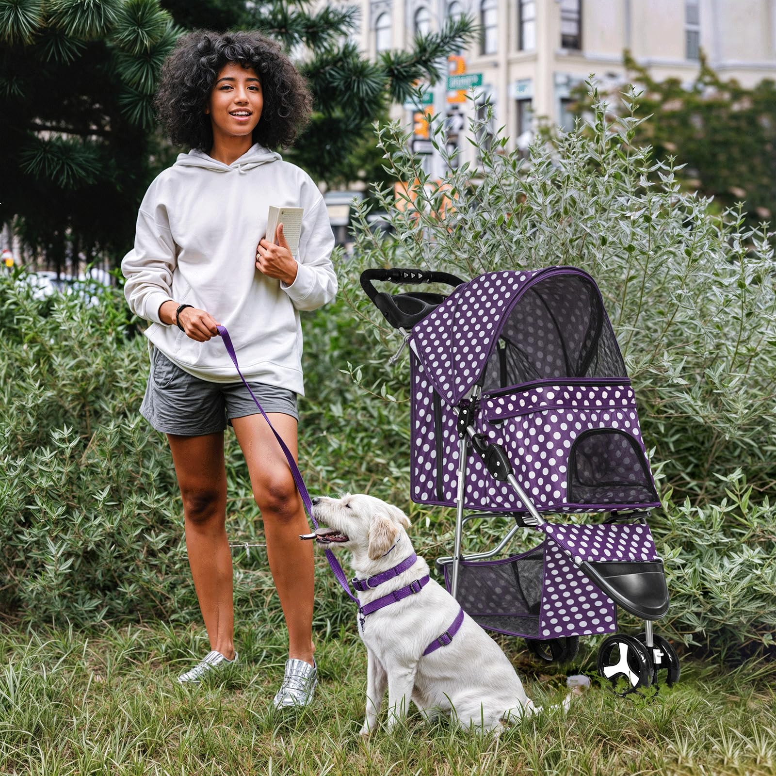 MoNiBloom 3 Wheels Pet Dog Cat Stroller for Small Medium Dogs Cats, Foldable Jogger Stroller w/Storage Basket and Cup Holder, Pu