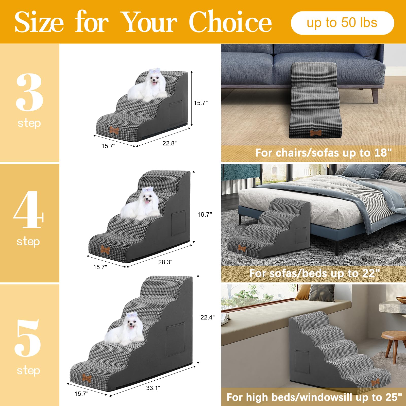 Dog Stairs For Small Dogs, Wide Pet Step With Removable Cover, No Assembly High Density Foam Cat Ramp For Bed Or Sofa, 4-Step, D