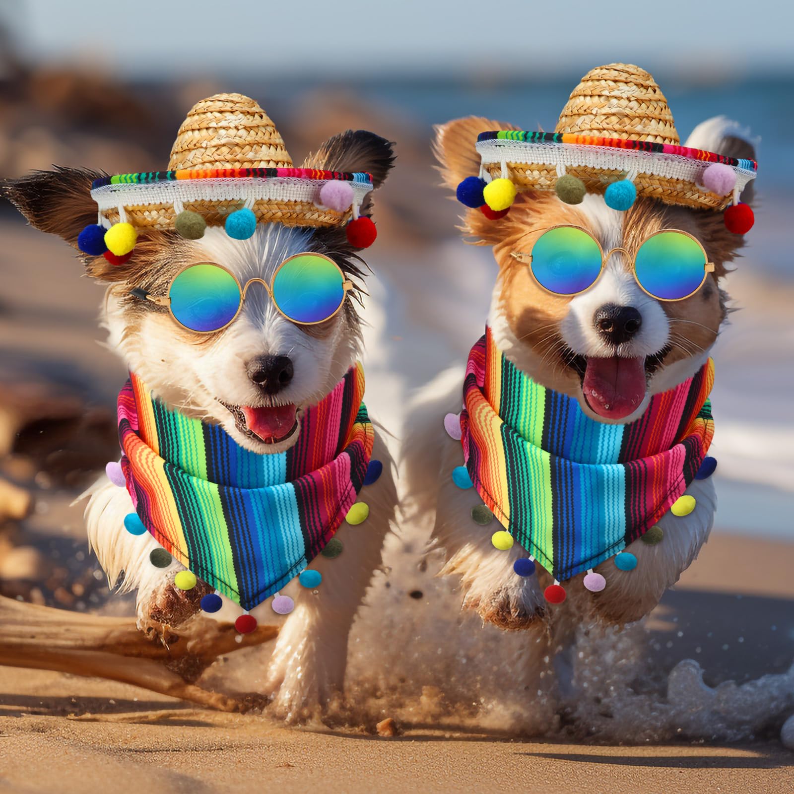 Jagely 3 Pcs Mexican Dog Costume Multicolor Cinco De Mayo Fiesta Cat Bandana With Pom Poms Porch Goose Outfits Mini Sombrero Mex