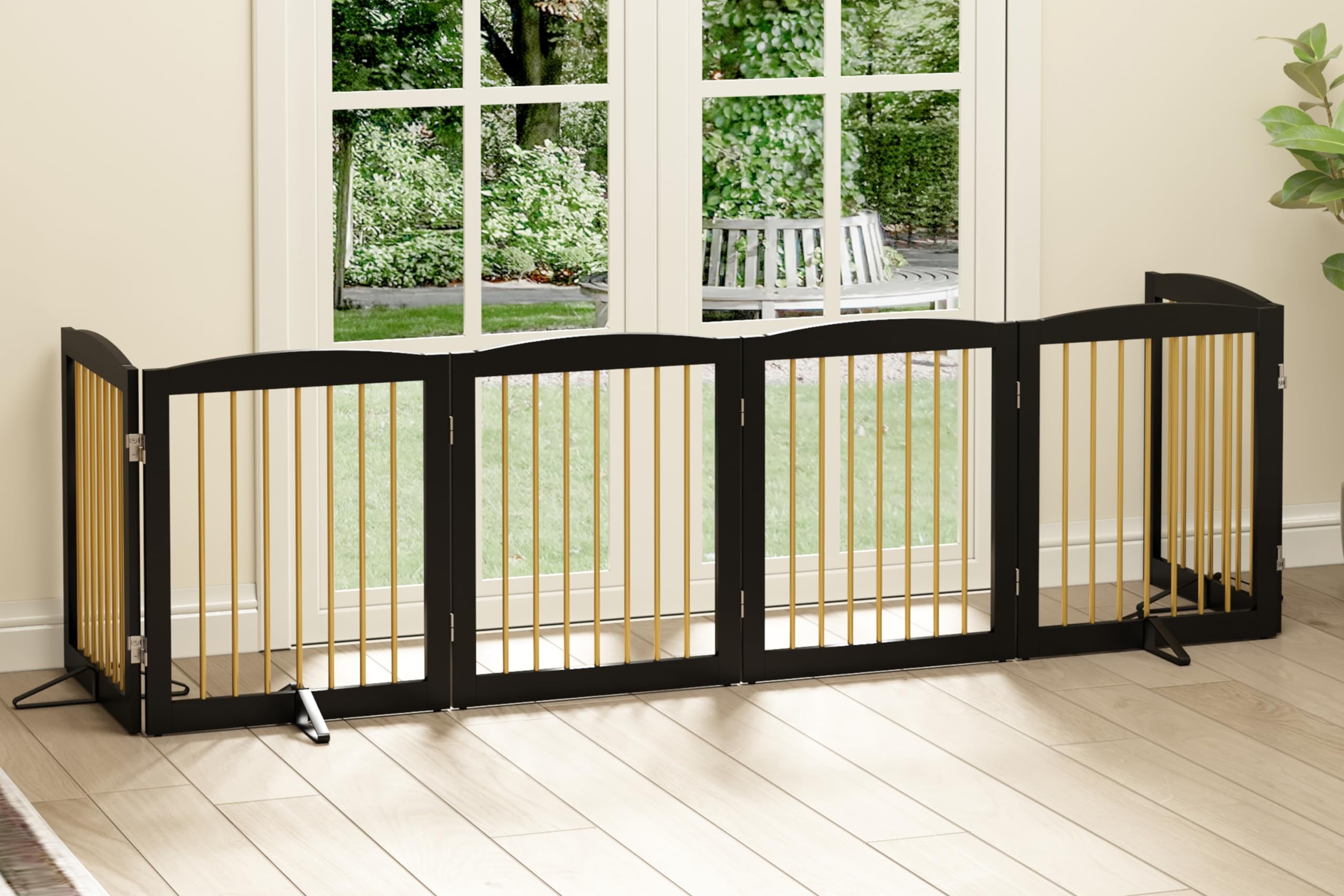 PUPETPO Freestanding Pet Gate for Dogs, Foldable Wooden Dog Gate for House, Extra Wide Indoor Pet Barrier for Stair, Doorway, Ha