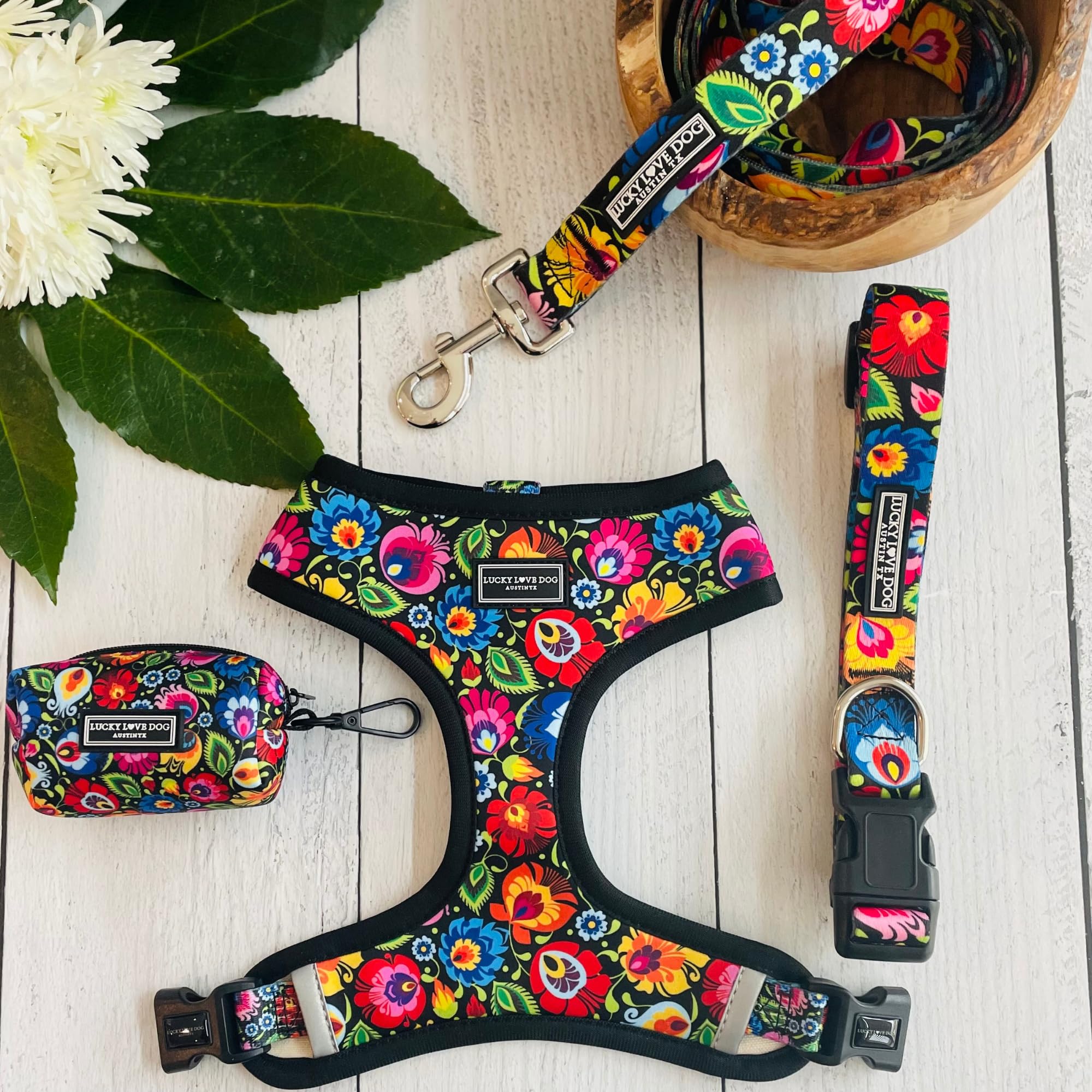 Lucky Love Dog Collars, Vivid Floral Female Dog Collar For Tiny Dogs, Spring & Summer Themed Flower Print, Blackbird, Xs