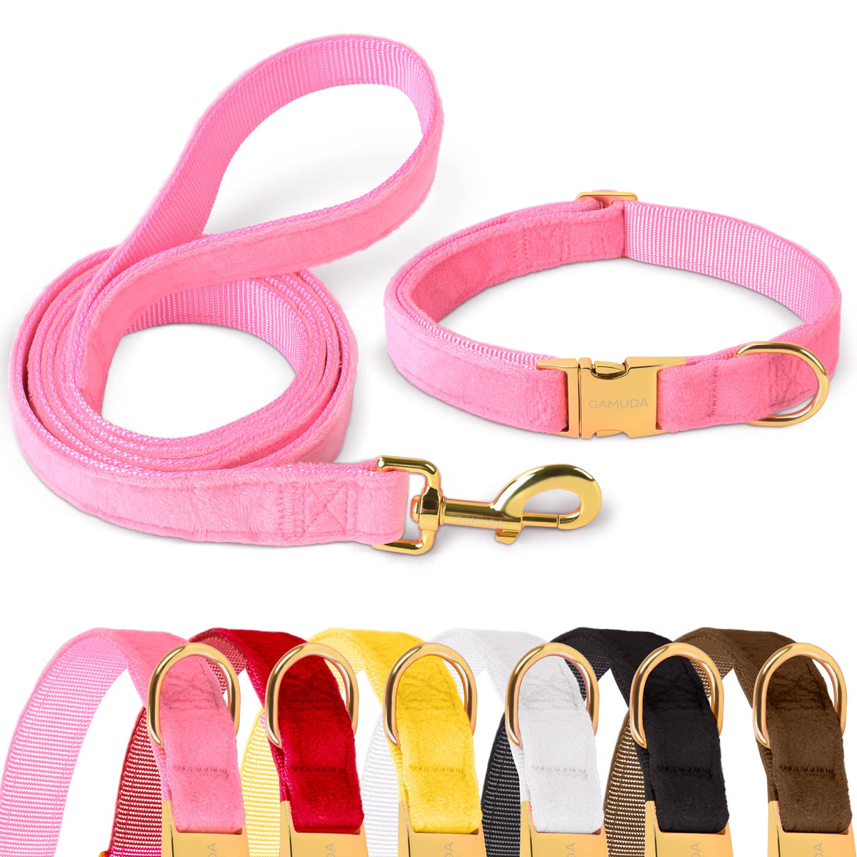 Gamuda Velvet Dog Collar And Leash, Super Soft And Smooth, Heavy Duty Gold Buckle, Comfortable And Easy To Clean, Adjustable Collar For Dog (M, Pink)