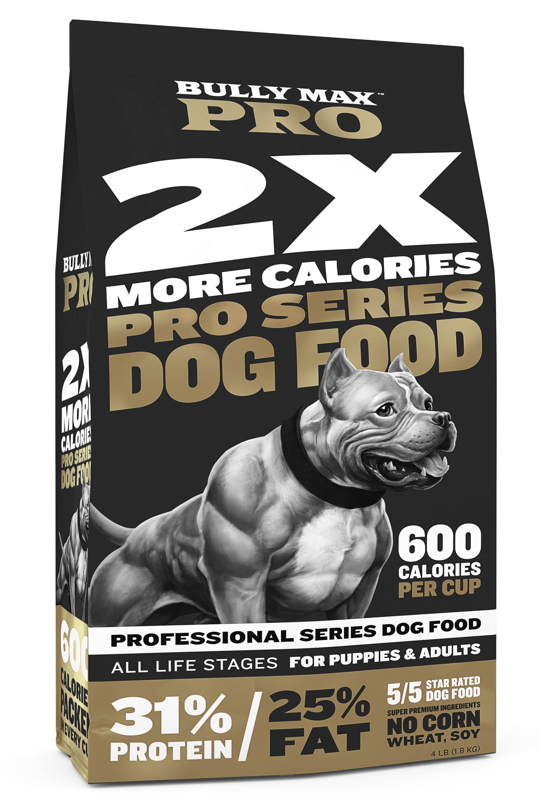 Bully Max 2X Calorie Dry Dog and Puppy Food PRO Series, High Protein, Healthy Weight Gain and Muscle Mass for All Breeds  600 Ca