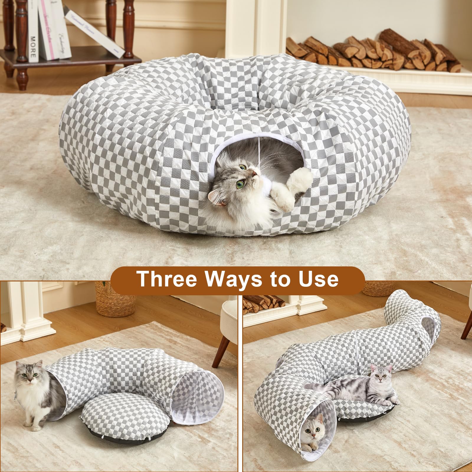Bininl Tunnel Bed For Indoor Cats Peekaboo Cave Donut For Cat With Washable Circle Cushion Interior Cat Play Tunnel(Light Grey)
