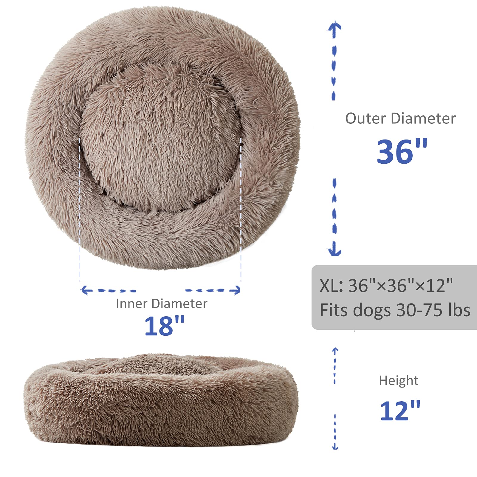 Washable Dog Round Bed Large, Donut Dog Bed Large Dog, Comfy Dog Calming Cuddler Bed