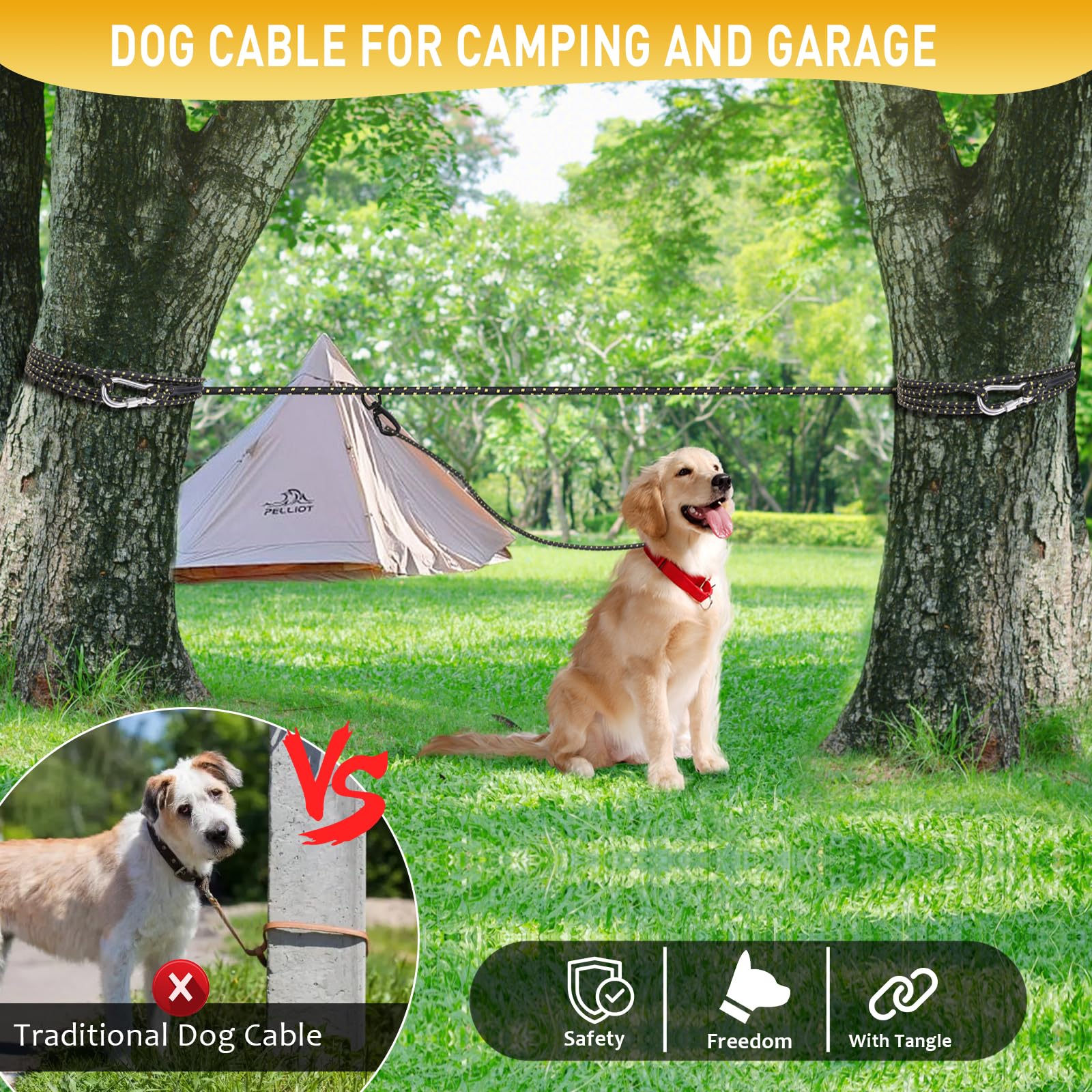 Dog Tie Out Cable For Camping 50Ft, Dog Runner For Yard Hold Up To 350Lbs, Portable Camping Essentials For Outside