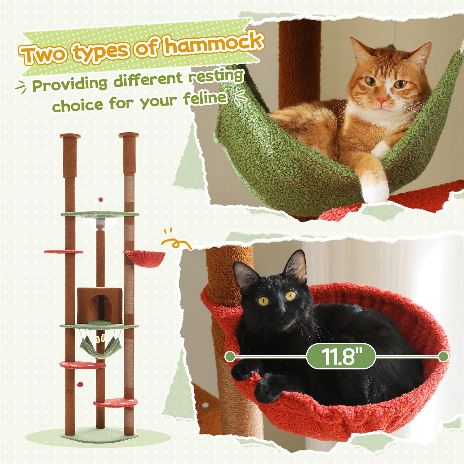 Pequlti Floor To Ceiling Cat Tree 92.9-101.6 Height Adjustable Mushroom Cat Tower Tall Climbing Play House With Scratching Posts