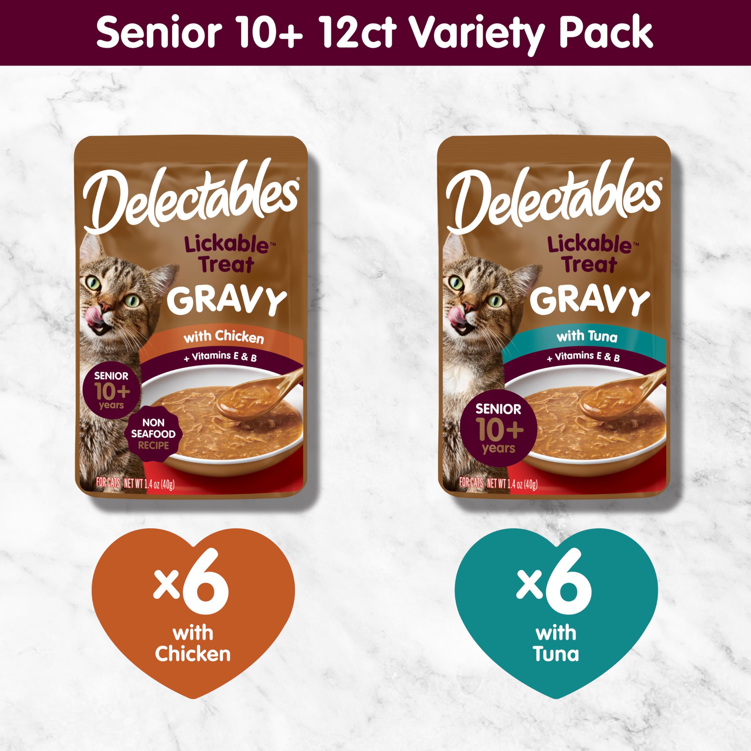 New! Delectables Lickable Treat Gravy Senior 10+ Variety Wet Cat Treat & Food Topper, Food Topper, Hydrating, Grain-Free, No Fil