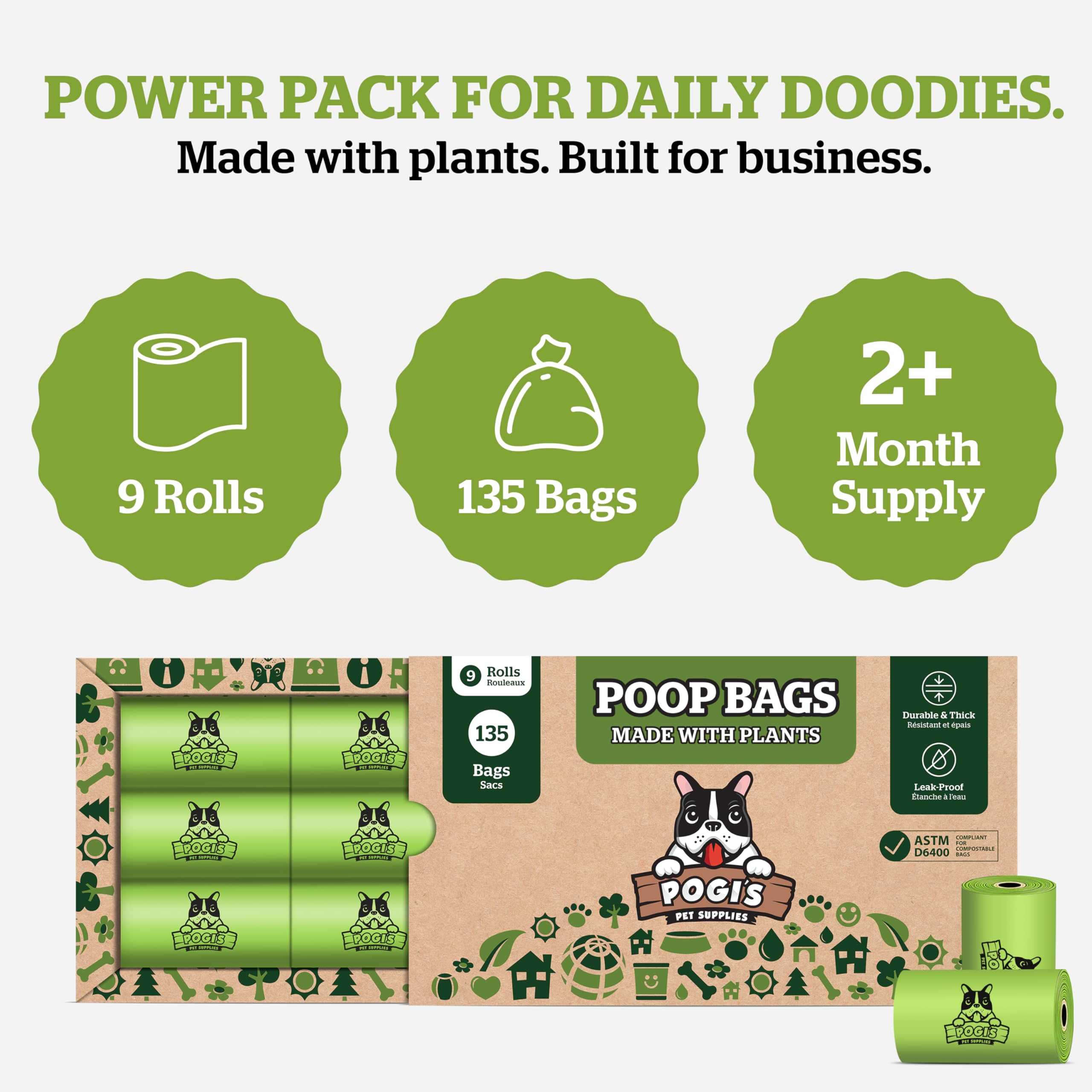 Pogis Compostable Poop Bags - Leak-Proof, Extra-Large, Made with Plants - 9 Rolls (135 Bags)