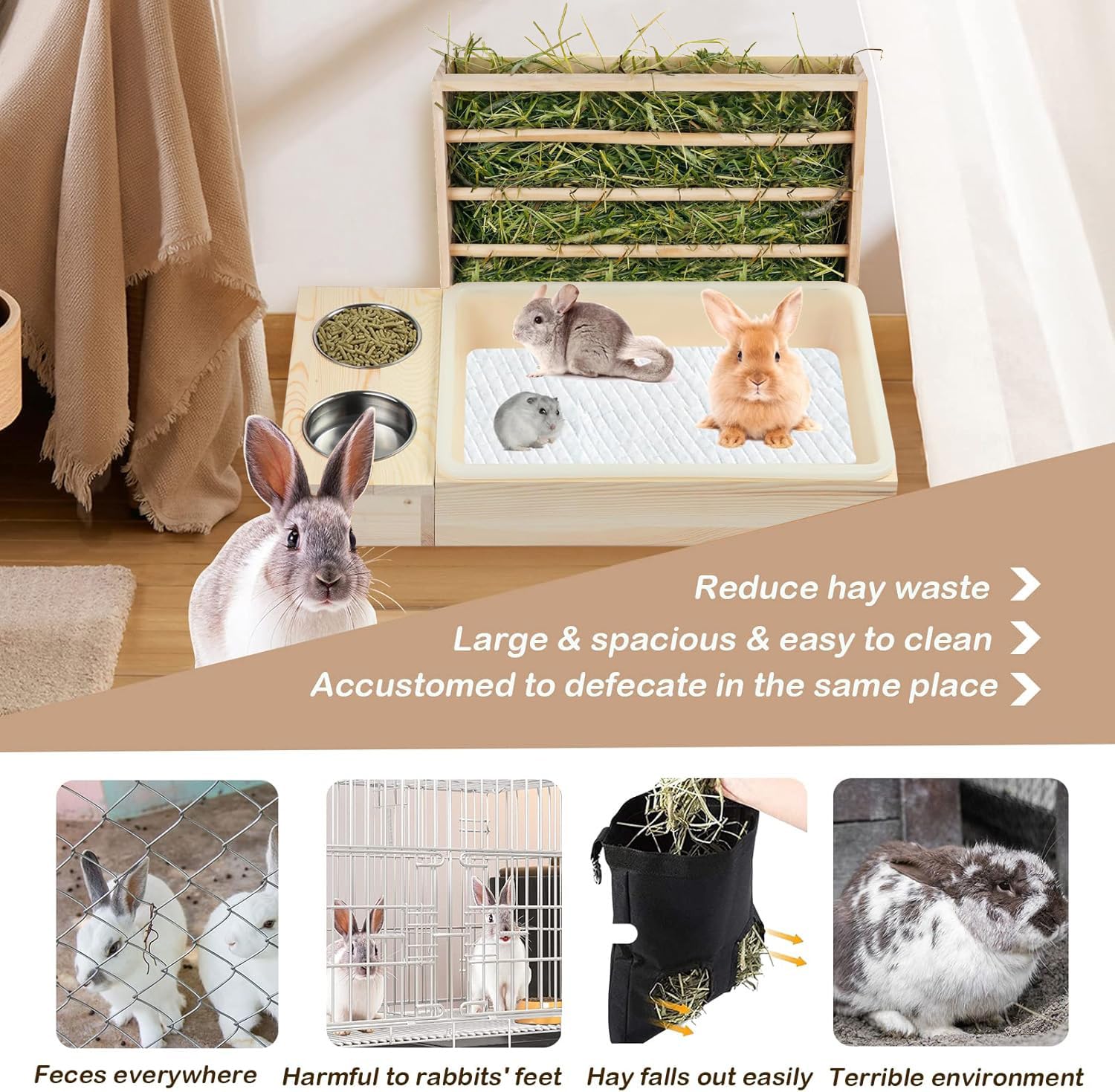 3 In 1 Rabbit Hay Feeder With Litter Box,Wooden Hay Feeder With 2 Bowls & Litter Box For Guinea Pig Chinchilla Bunny Other Small