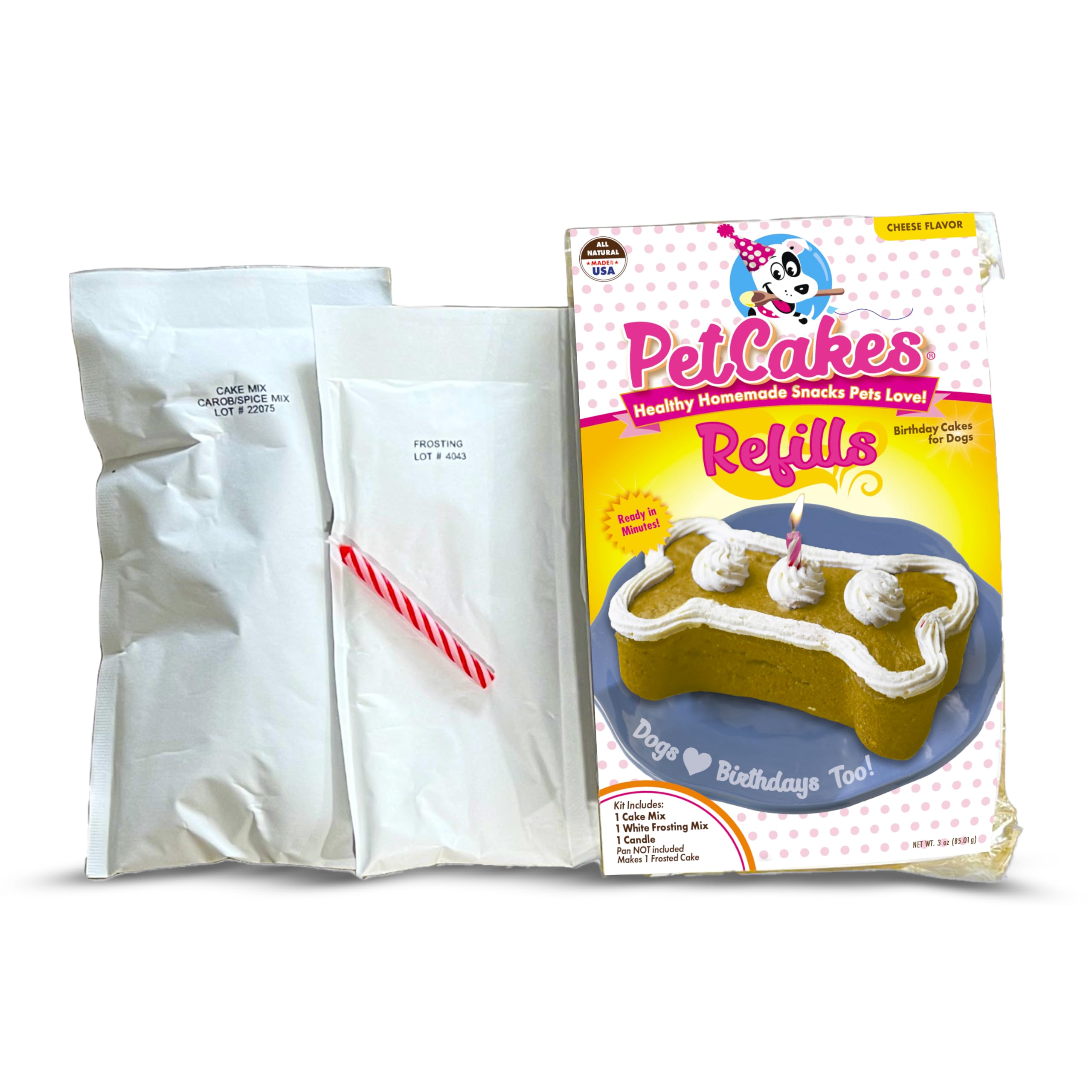 PetCakes Birthday Treat Mix Refills for Dogs - Make Healthy Cakes - Includes 1 Cake Mix, 1 Frosting & Candle, Cheese Flavor - Ne
