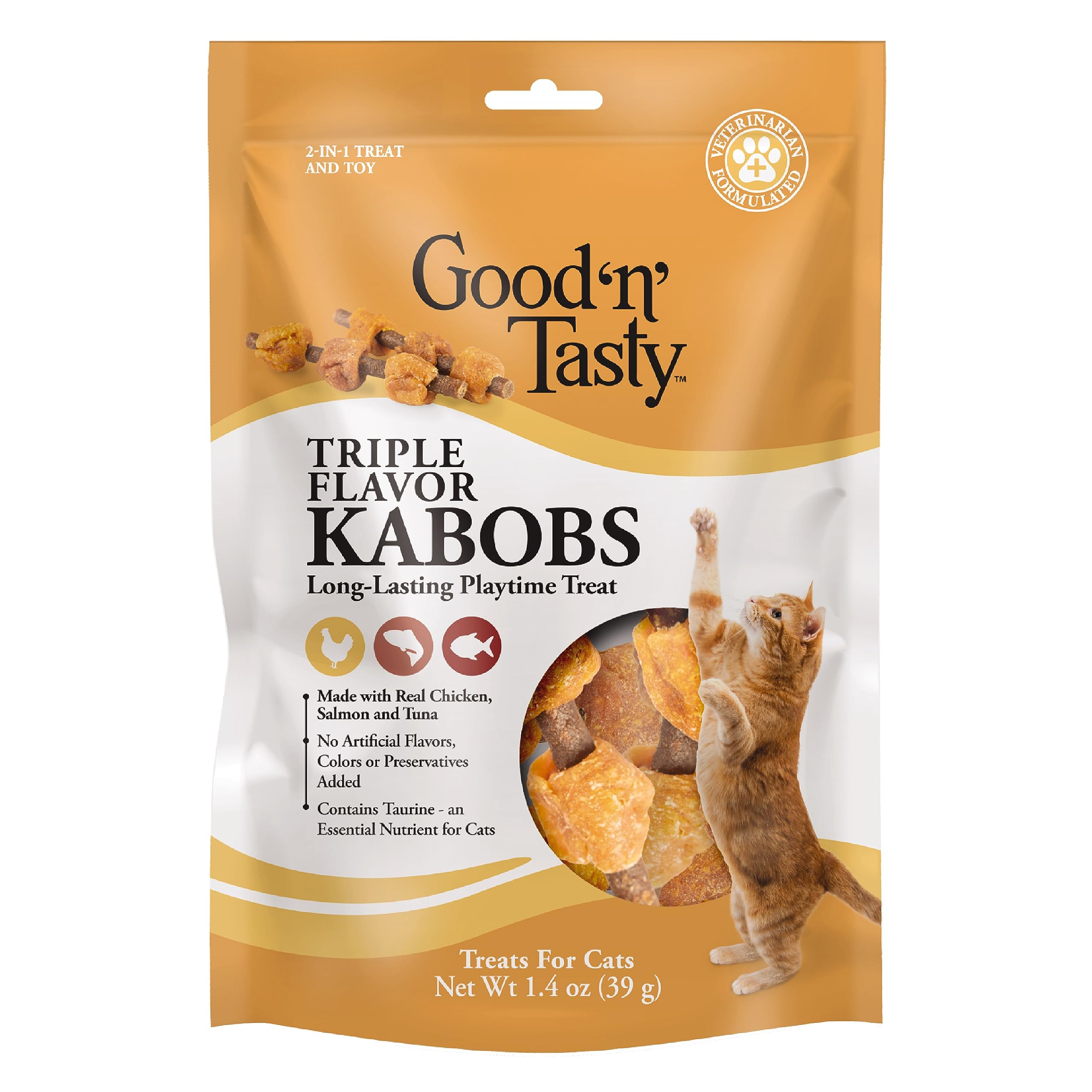 Good n Tasty Triple Flavor Kabobs Cat Treat, 1.4 Ounce Bag, Long-Lasting Playtime Treat for Cats Made with Real Chicken, Salmon 