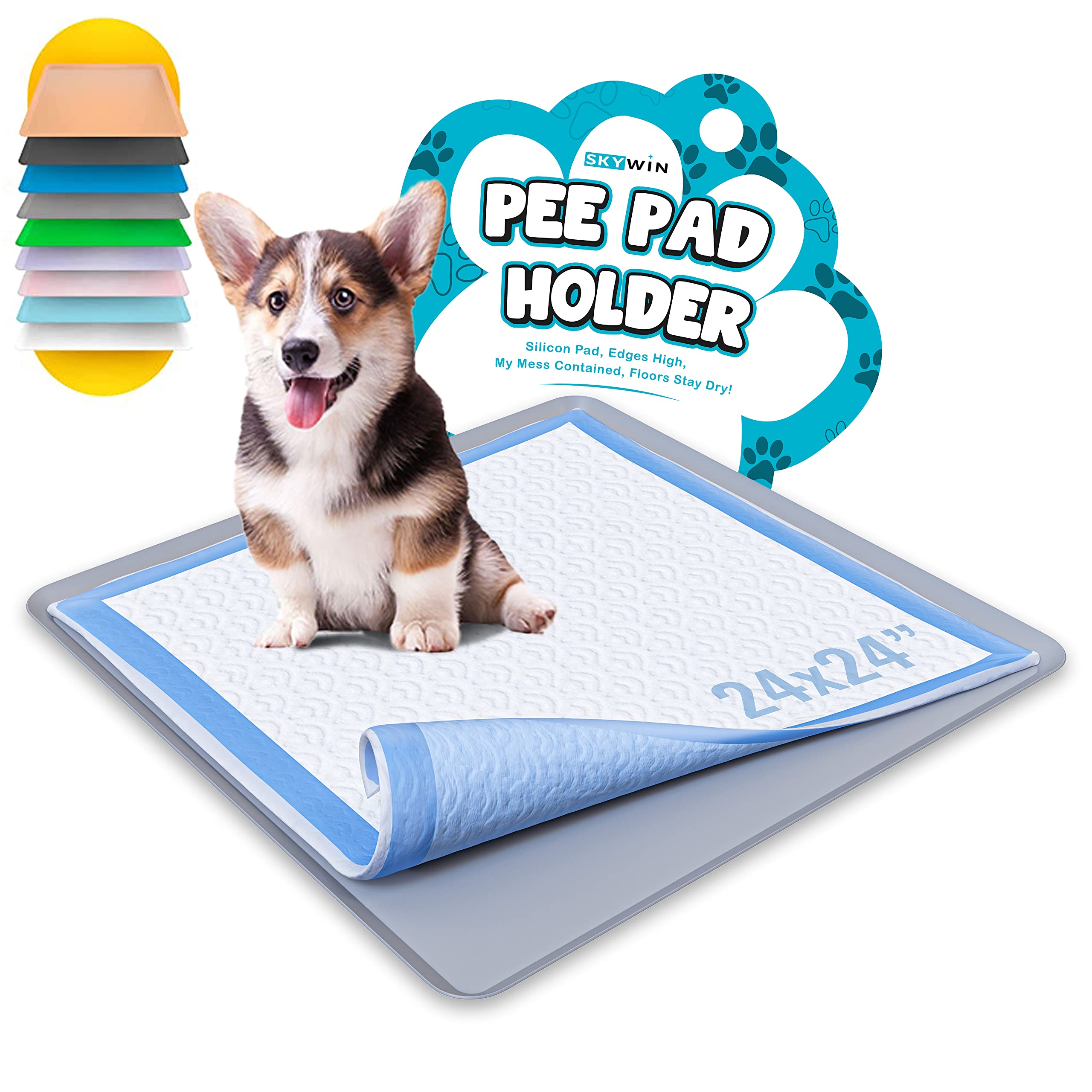 Skywin Dog Puppy Pad Holder Tray For 24 X 24 Inches Training Pads - Silicone Wee Wee Pad Holder, No Spill Pee Pad Holder For Dog