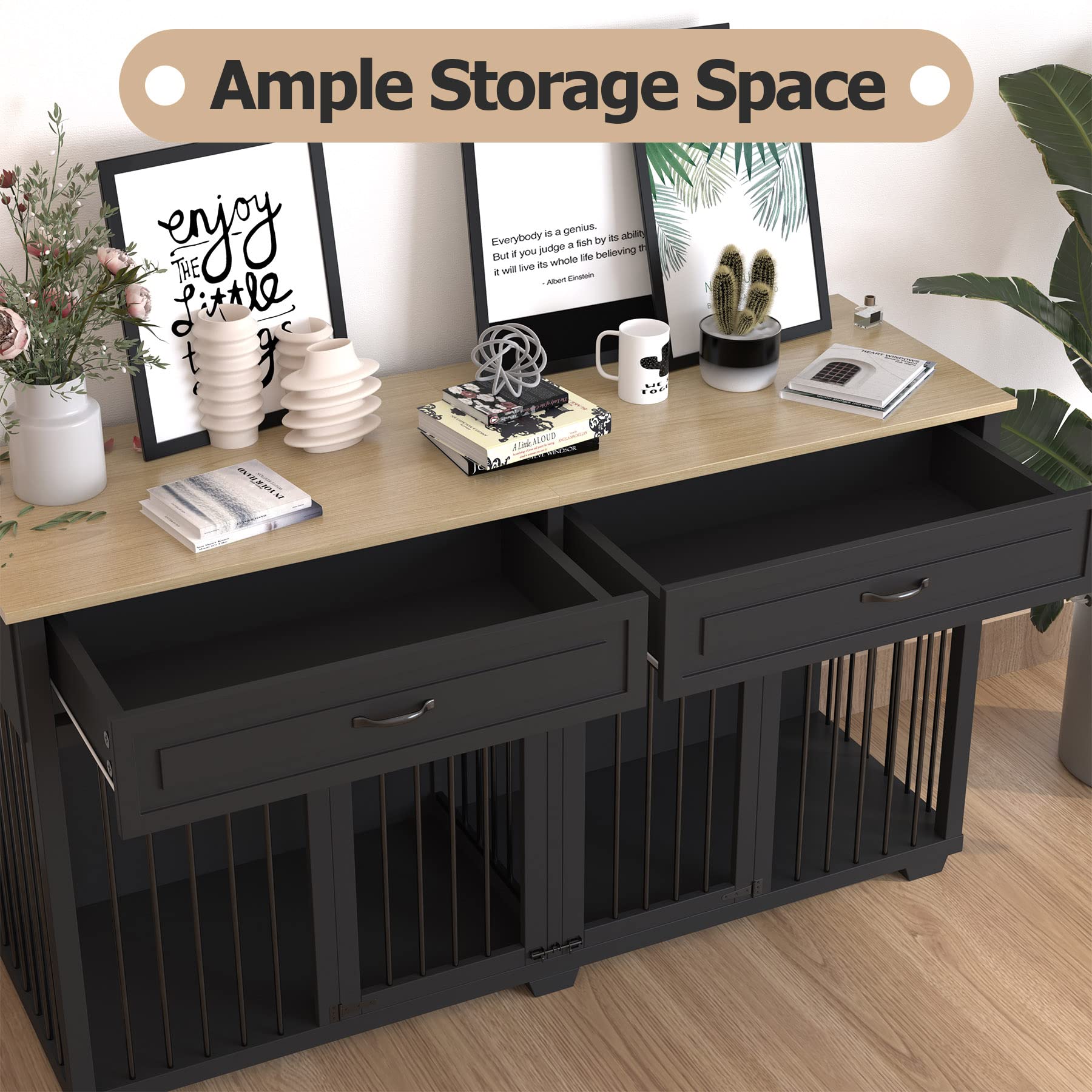 DAWNSPACES Dog Crate Furniture, 72 Inch Heavy Duty Wooden Large Dog Kennel with Drawers & Divider, Indoor Furniture Style Dog Cr